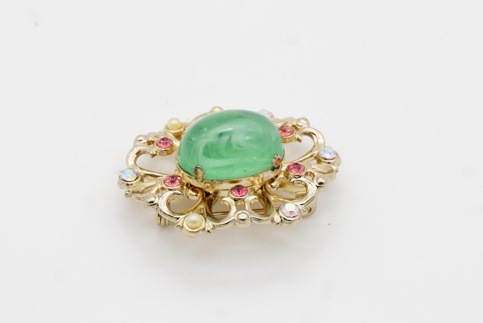 Coro Vintage 1950s Flower Emerald Cabochon Aurora Pink Crystals Pearls Brooch 5