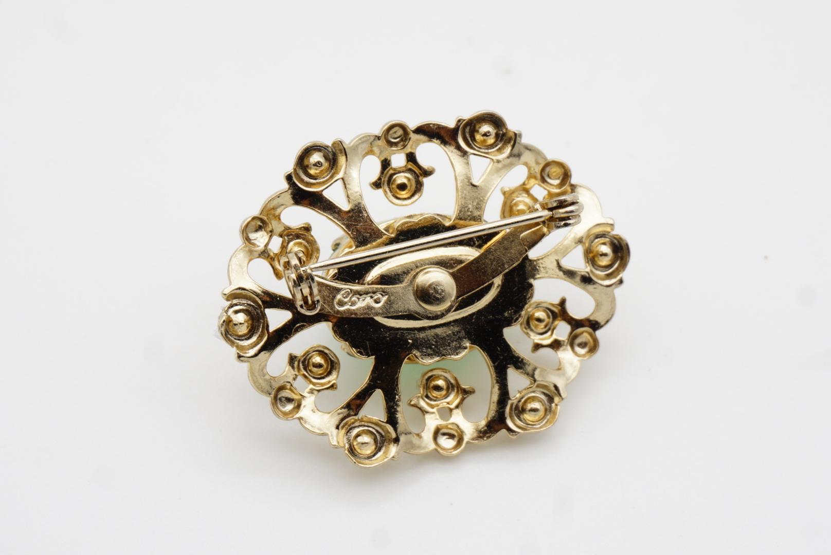 Coro Vintage 1950s Flower Emerald Cabochon Aurora Pink Crystals Pearls Brooch 7
