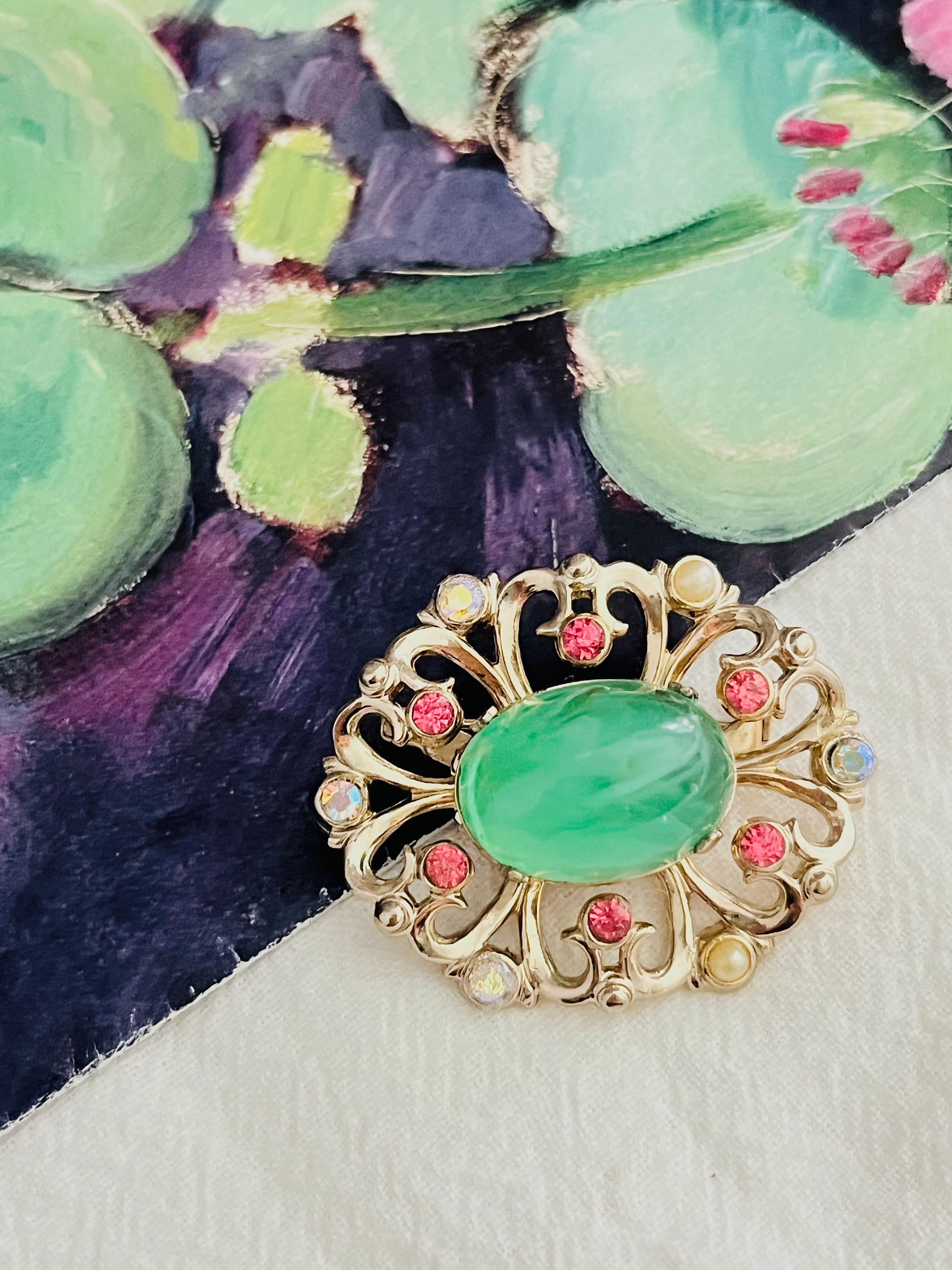 Art Deco Coro Vintage 1950s Flower Emerald Cabochon Aurora Pink Crystals Pearls Brooch