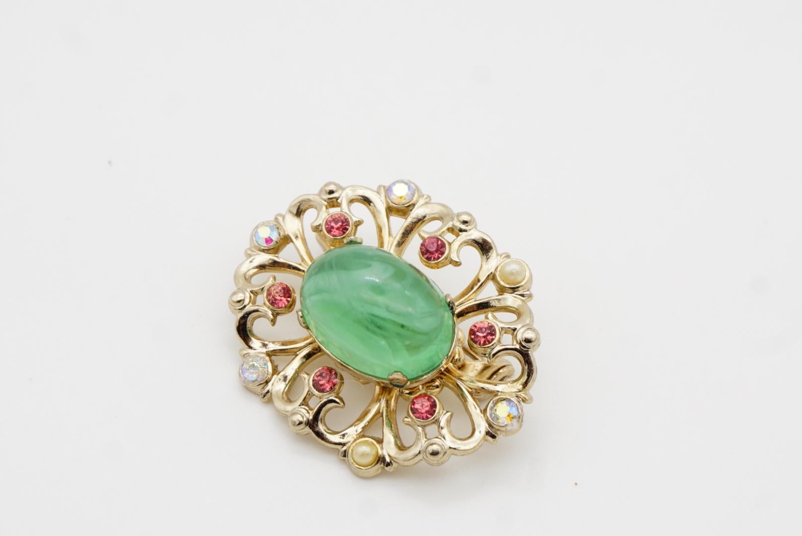 Coro Vintage 1950s Flower Emerald Cabochon Aurora Pink Crystals Pearls Brooch 4