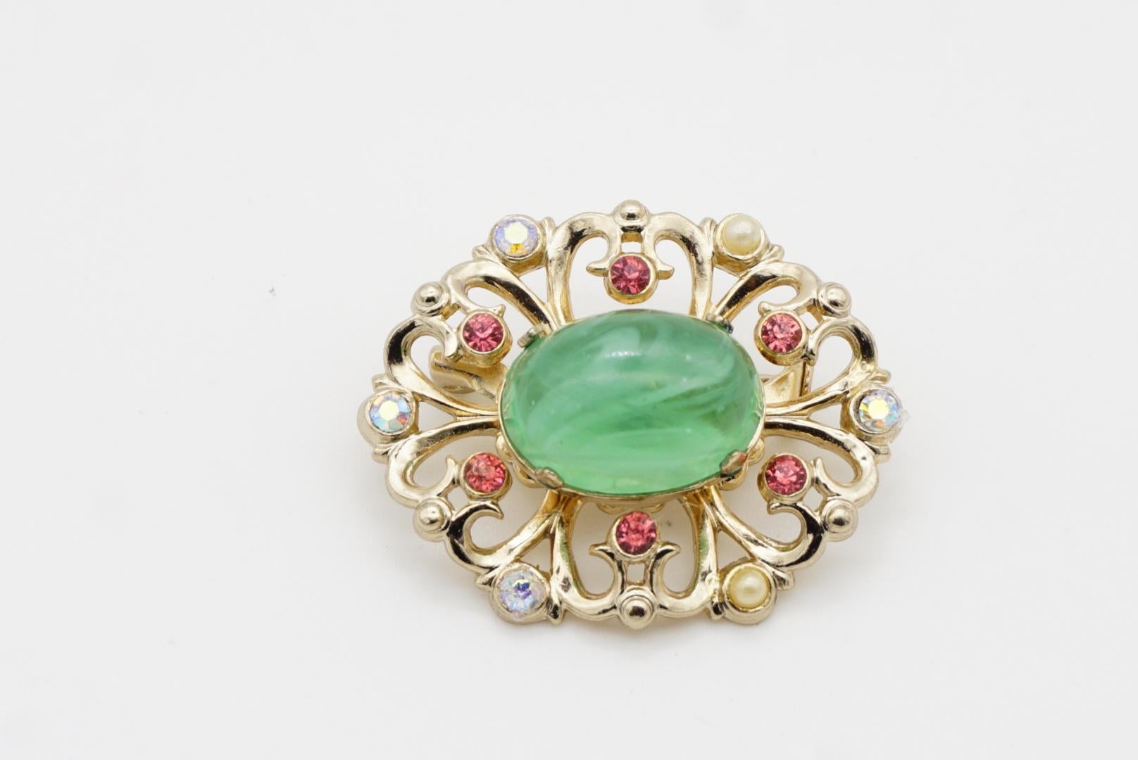 Coro Vintage 1950s Flower Emerald Cabochon Aurora Pink Crystals Pearls Brooch 4