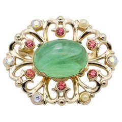 Coro Vintage 1950s Flower Emerald Cabochon Aurora Pink Crystals Pearls Brooch