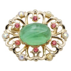 Coro Vintage 1950s Flower Emerald Cabochon Aurora Pink Crystals Pearls Brooch