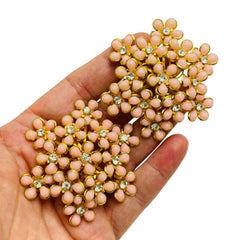 CORO vintage gold pink flower designer runway clip on earrings