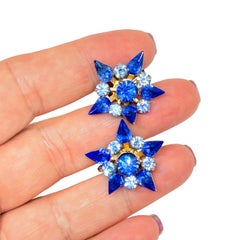 CORO vintage gold tone glass blue stones stars flowers screw back earrings