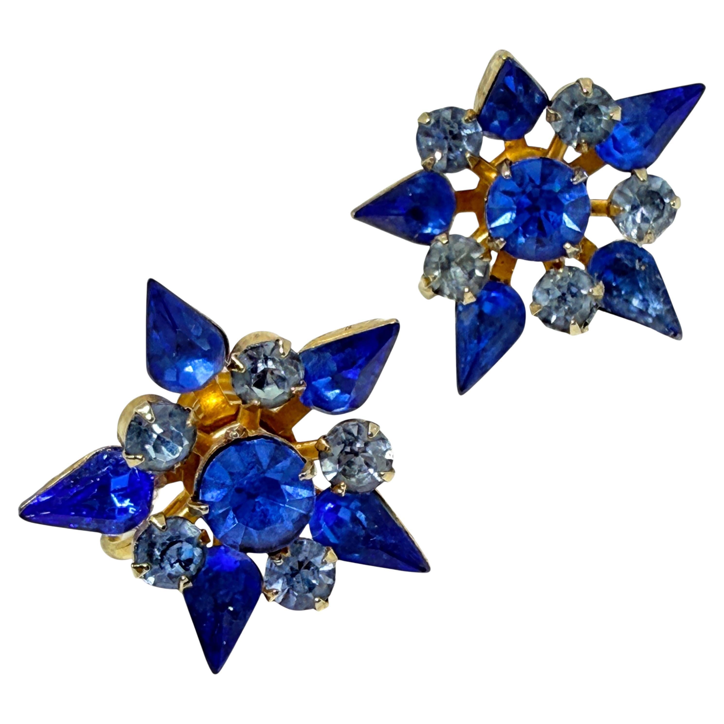 Coro orecchini vintage in vetro dorato con pietre blu, stelle e fiori con chiusura a vite