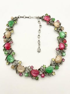 Coro Vintage Necklace with Green and Pink Cabochons