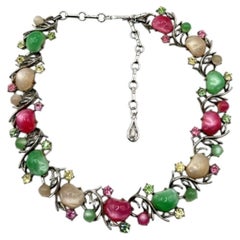 Coro Vintage Necklace with Green and Pink Cabochons