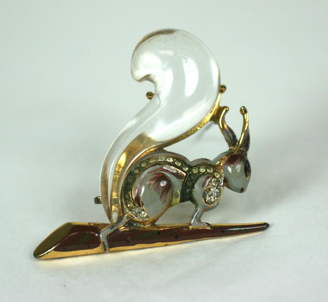 Rare Corocraft Art Deco Jelly Belly Lucite Squirrel in gilded sterling silver with enamel accents. Coro made high quality, charming figurals in the Art Deco Period with inventive designs.
Jelly Belly lucite collectibles. 1940's USA. 
Excellent