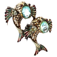 Antique COROCRAFT DUETT, two fish brooch, gold-plated silver, Pat. no. 1798868, USA 1940