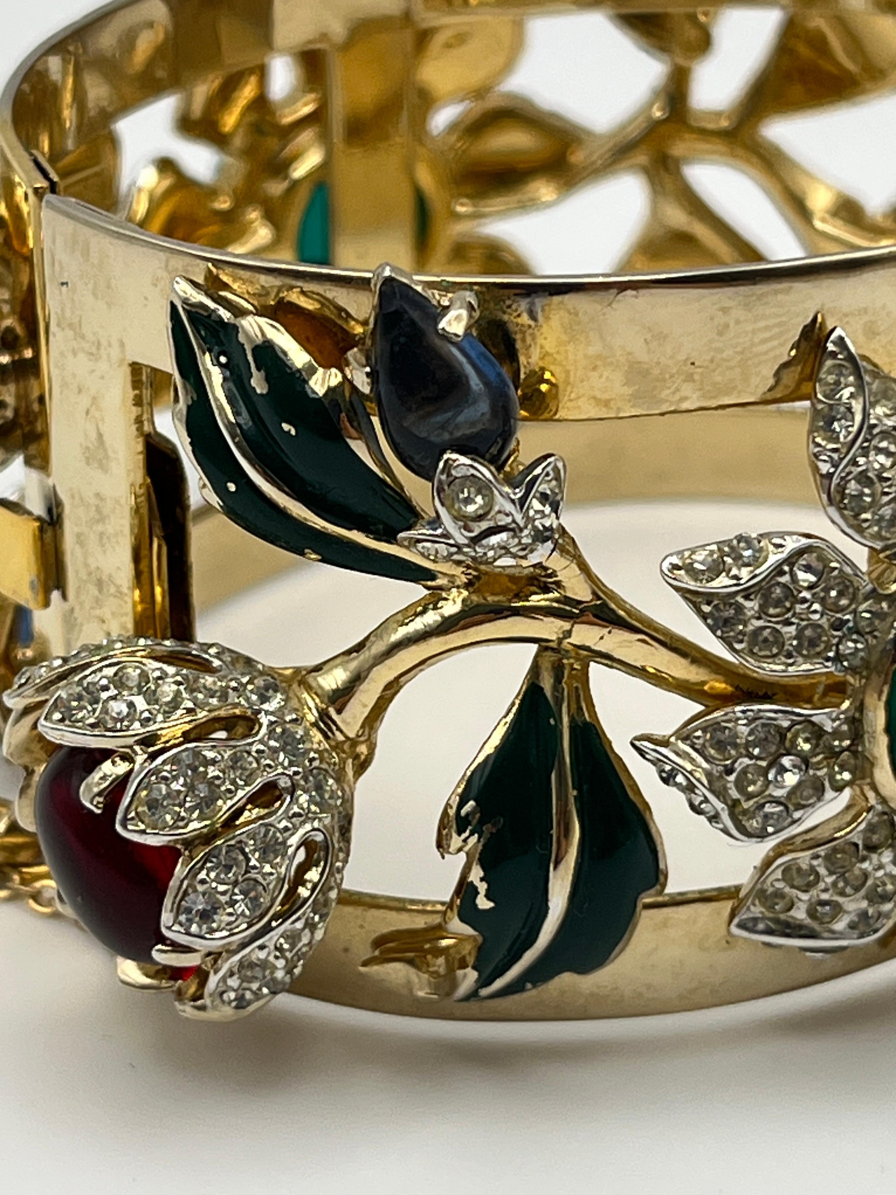 Corocraft Floral Motif Enamel Cabochons & Rhinestones Wide Bangle c. 1940s For Sale 5