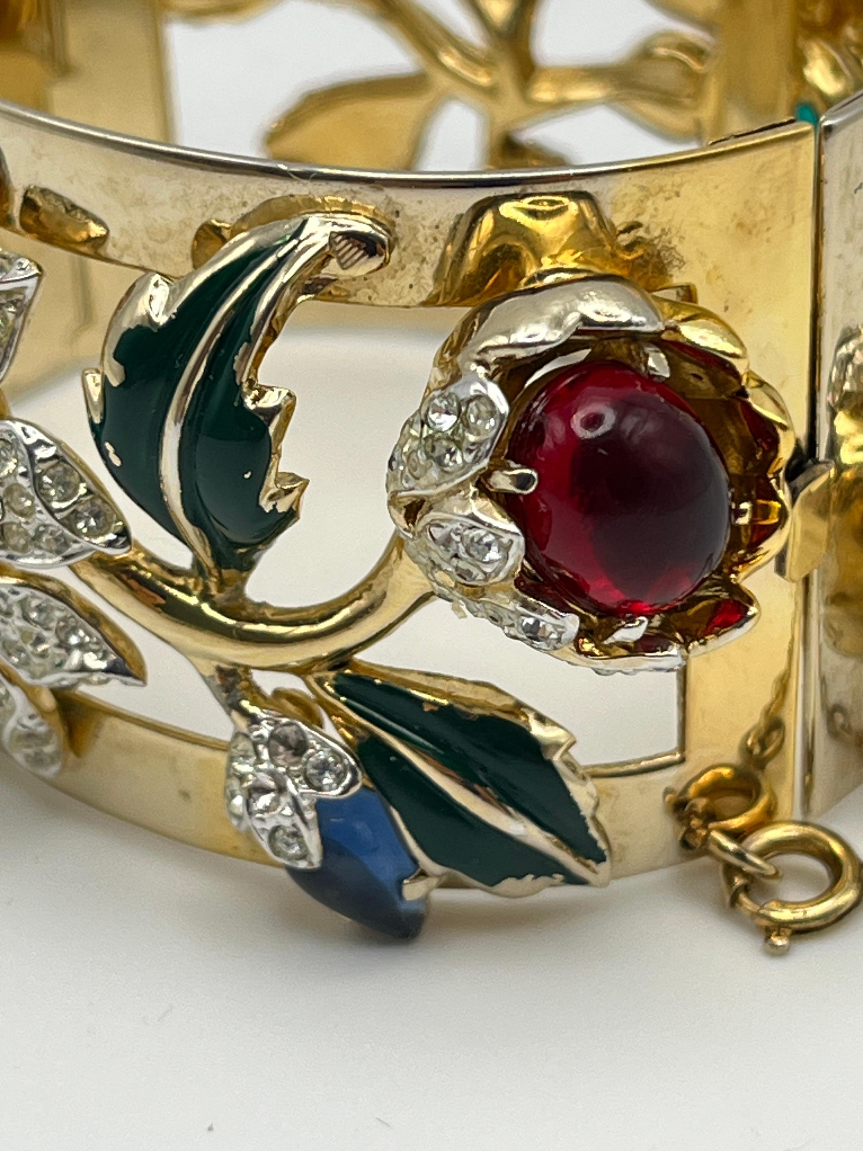 Corocraft Floral Motif Enamel Cabochons & Rhinestones Wide Bangle c. 1940s For Sale 6