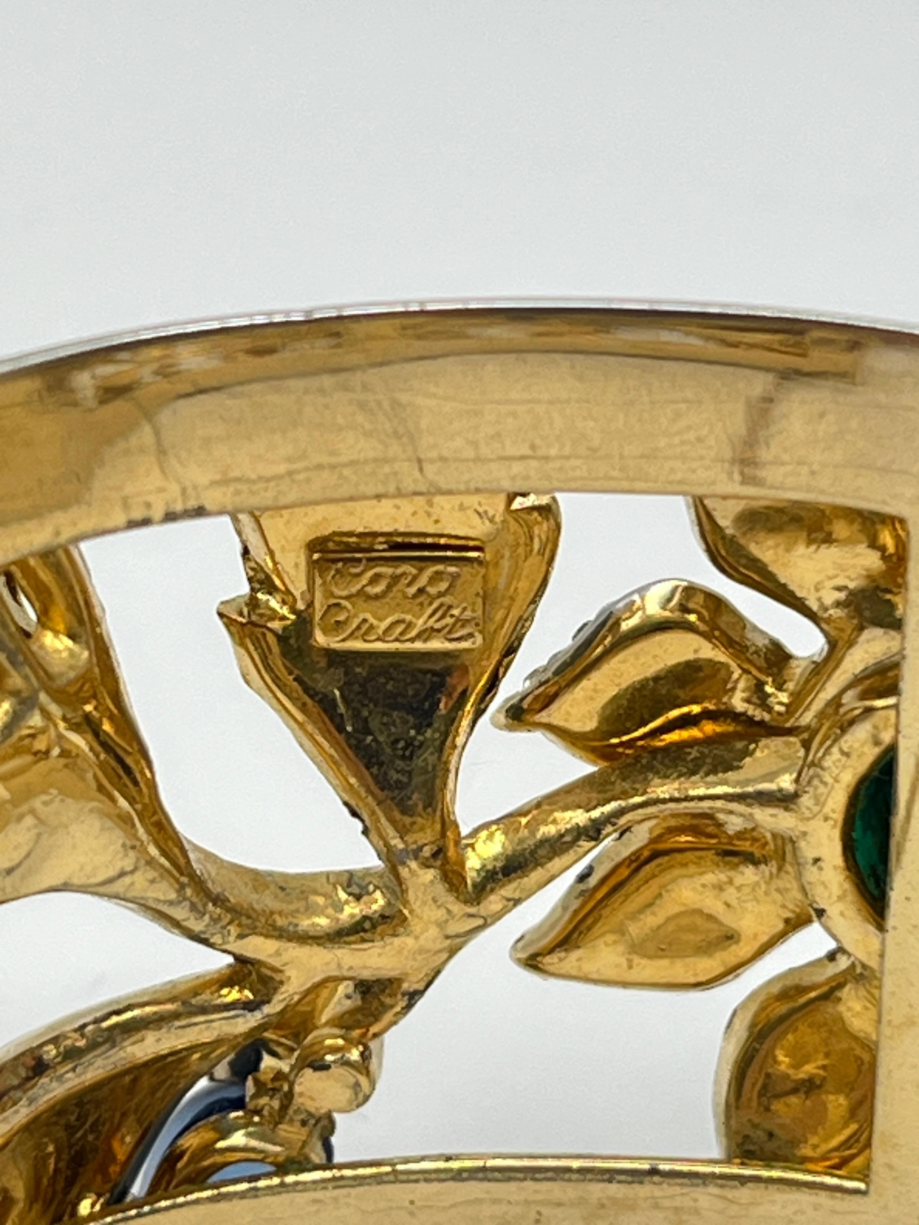 Corocraft Floral Motif Enamel Cabochons & Rhinestones Wide Bangle c. 1940s For Sale 7