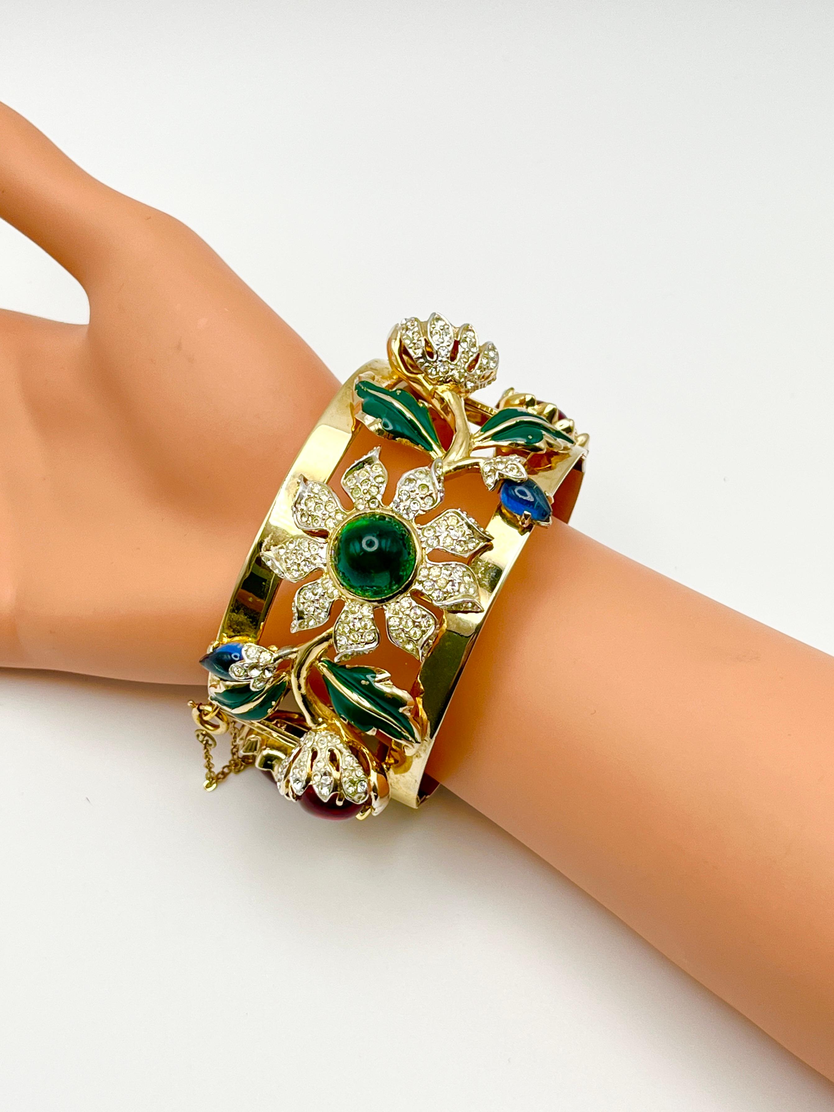 Modern Corocraft Floral Motif Enamel Cabochons & Rhinestones Wide Bangle c. 1940s For Sale