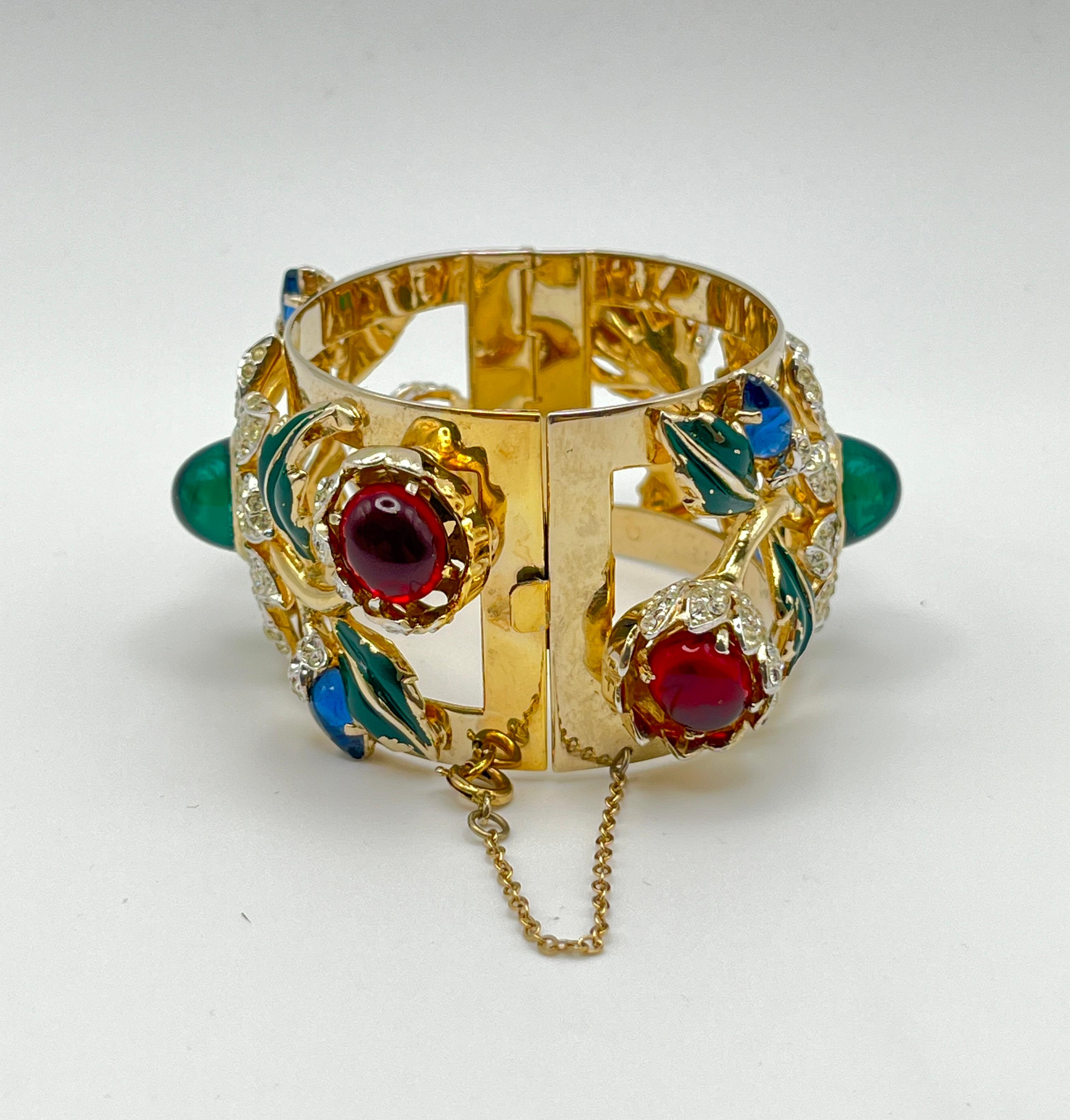 Women's or Men's Corocraft Floral Motif Enamel Cabochons & Rhinestones Wide Bangle c. 1940s For Sale