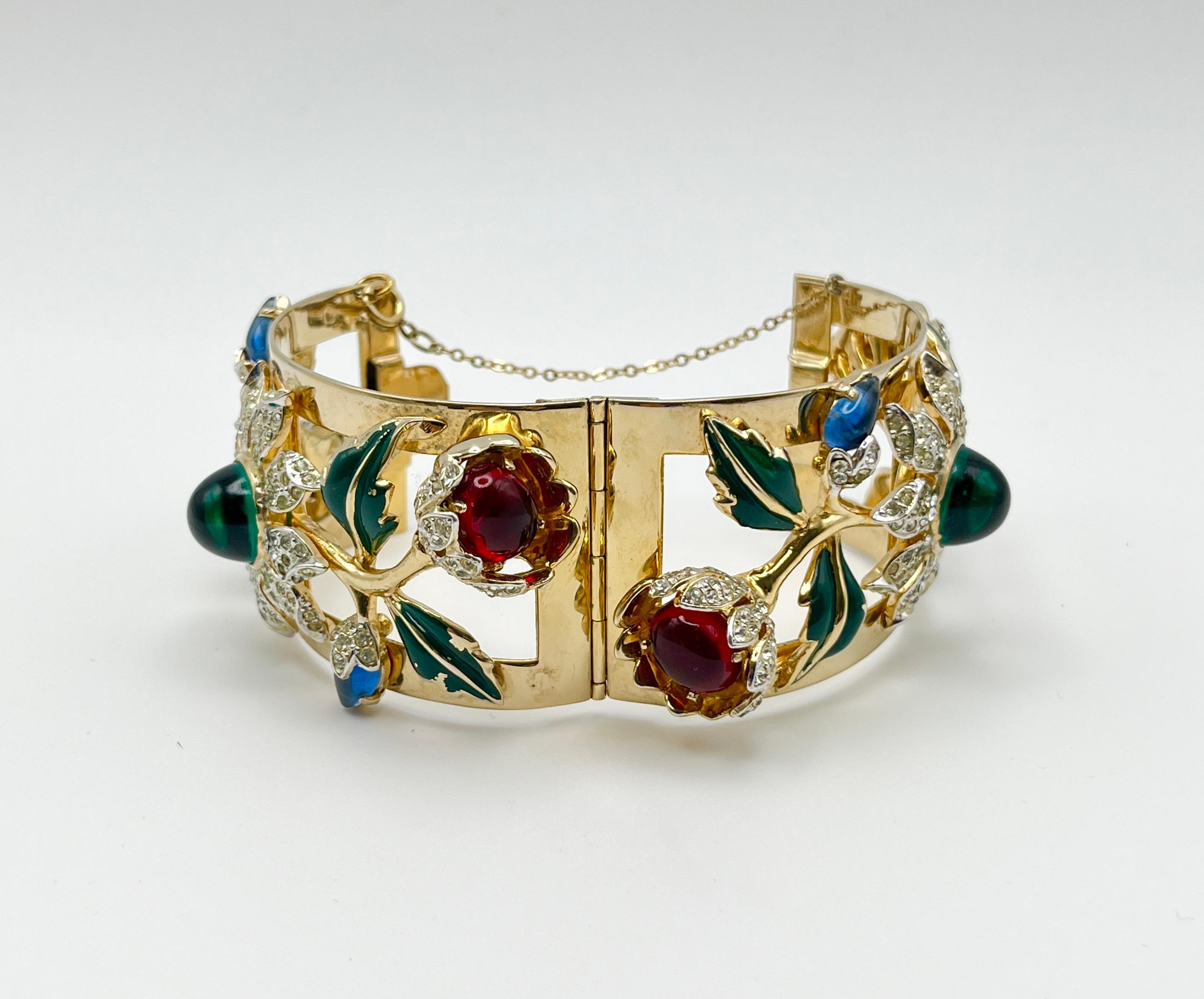 Corocraft Floral Motif Enamel Cabochons & Rhinestones Wide Bangle c. 1940s For Sale 1