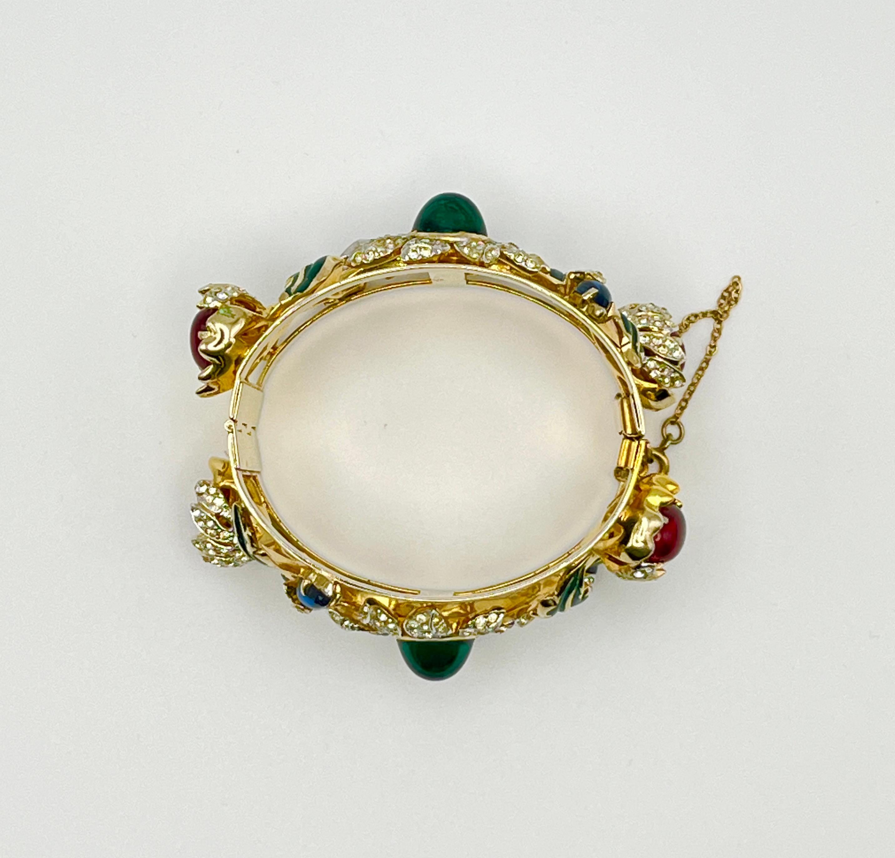 Corocraft Floral Motif Enamel Cabochons & Rhinestones Wide Bangle c. 1940s For Sale 2