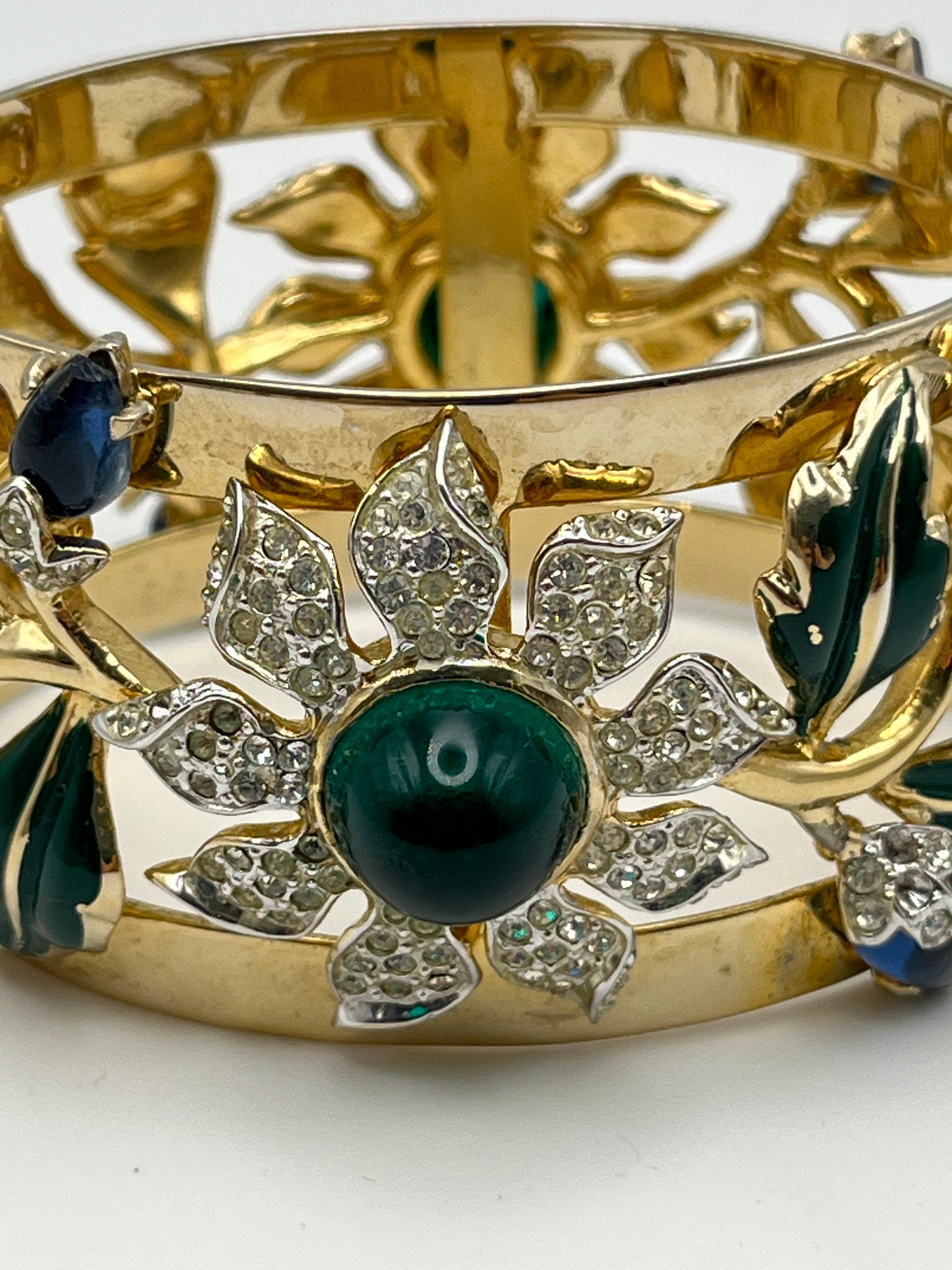 Corocraft Floral Motif Enamel Cabochons & Rhinestones Wide Bangle c. 1940s For Sale 3