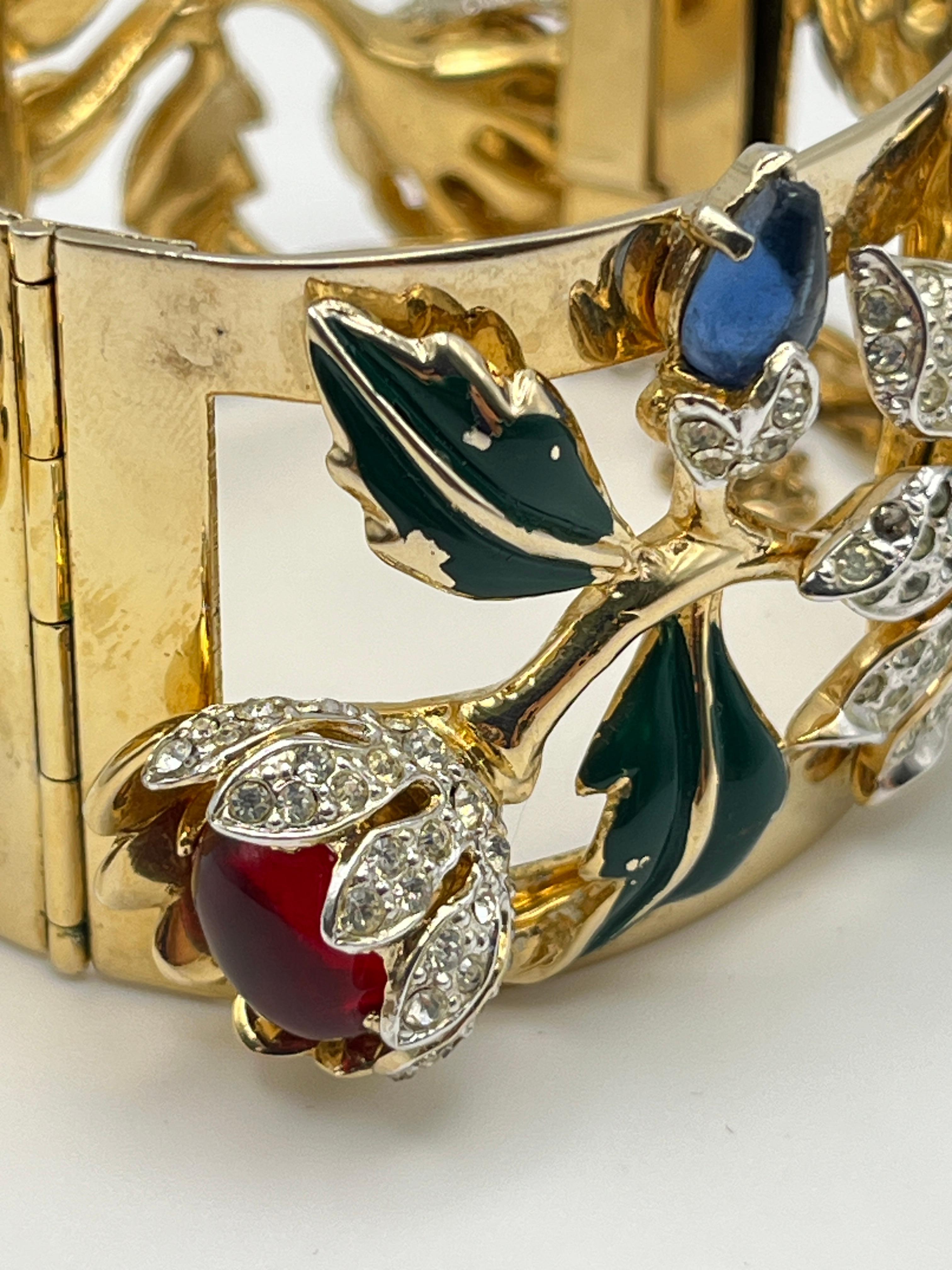 Corocraft Floral Motif Enamel Cabochons & Rhinestones Wide Bangle c. 1940s For Sale 4