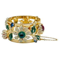 Corocraft Floral Motif Enamel Cabochons & Rhinestones Wide Bangle c. 1940s