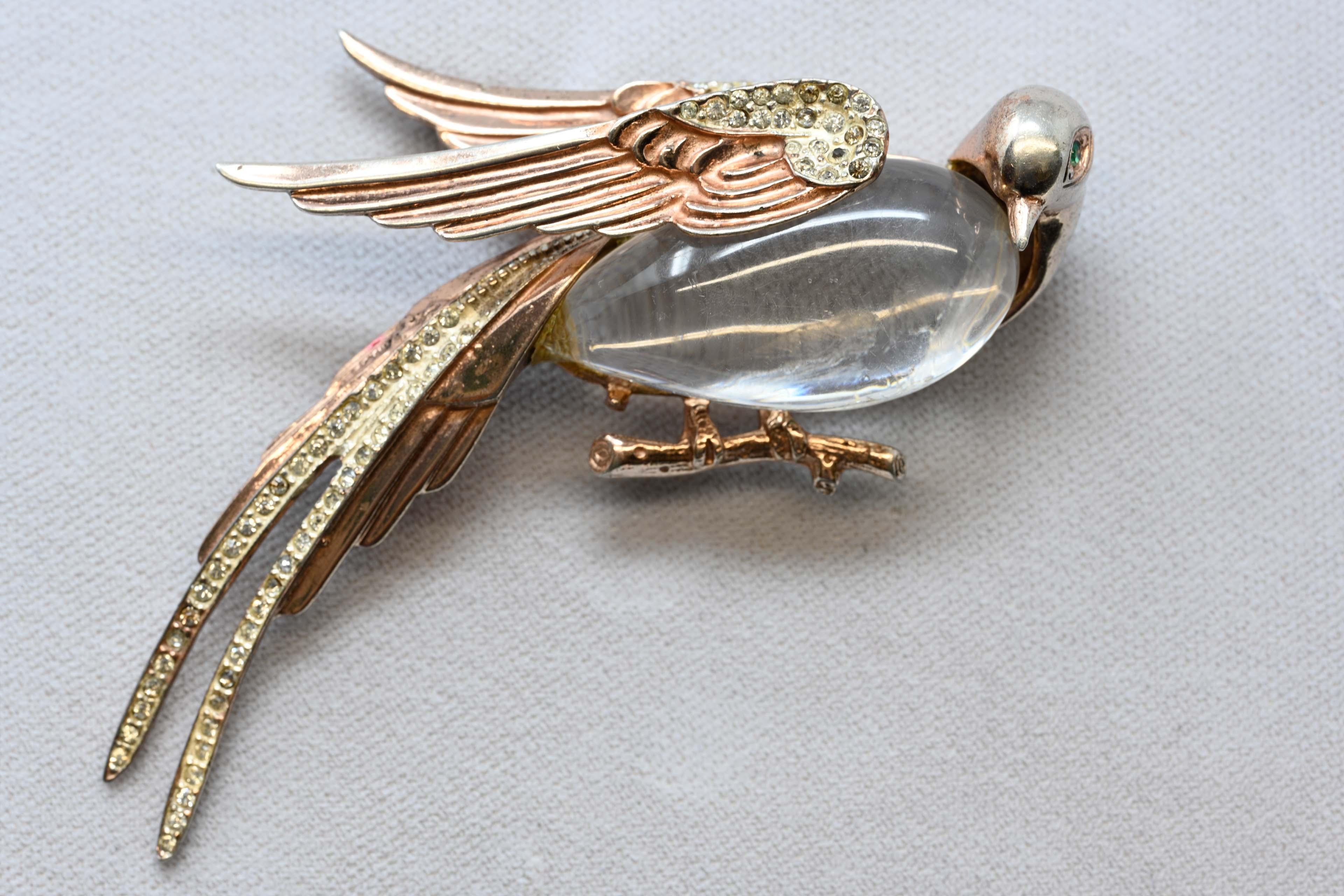 Signed sterling Corocraft jelly belly lucite rhinestones & silver goldplated brooch. With the Pegasus mark, made in the USA and designed by Adolph Katz circa 1944. The brooch is preowned, measures 3 3/4 inches long x 2 1/4 inches tall, in very good