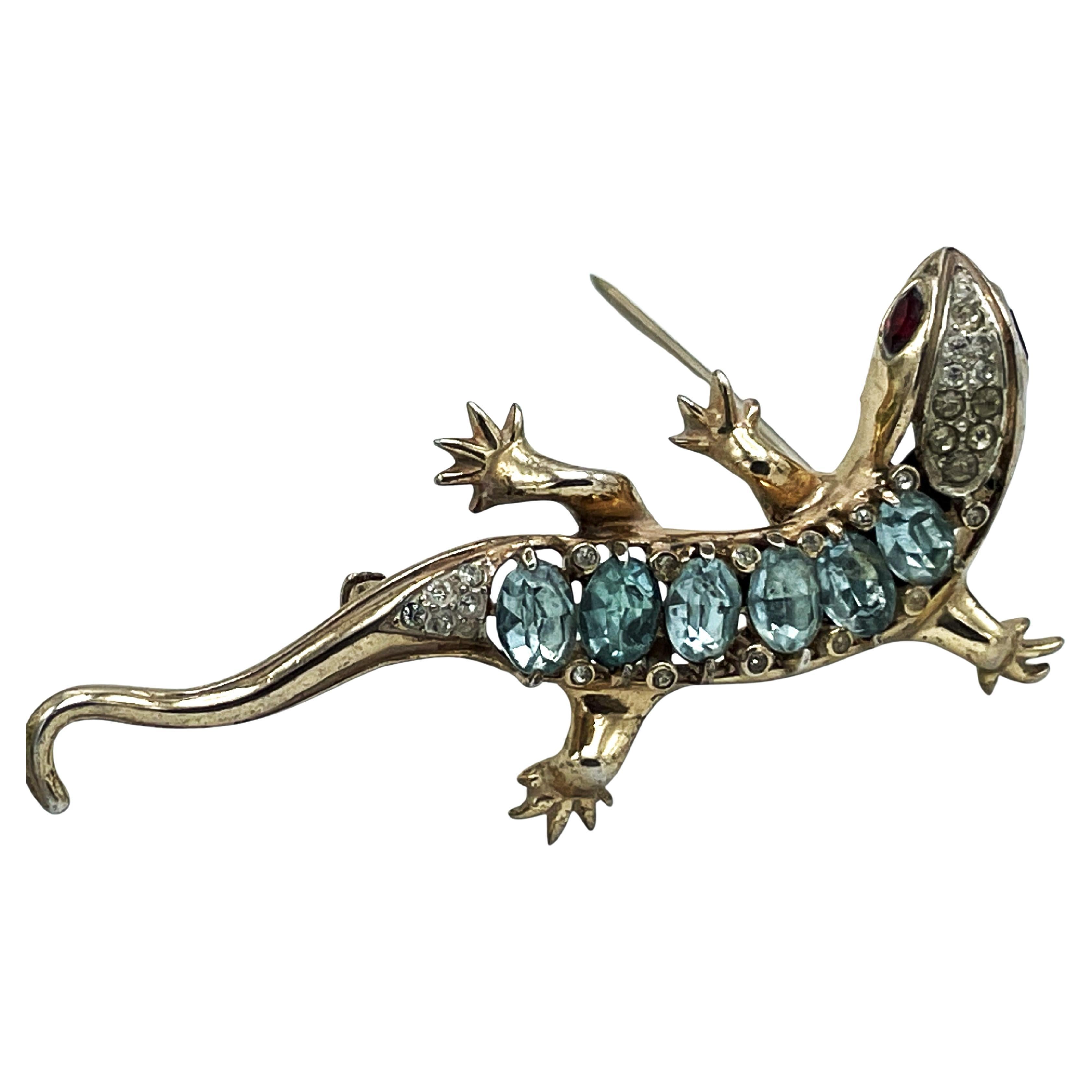 CoroCraft Lizard brooch, sterling gold-plated, with diverent rhinstones, 1940's