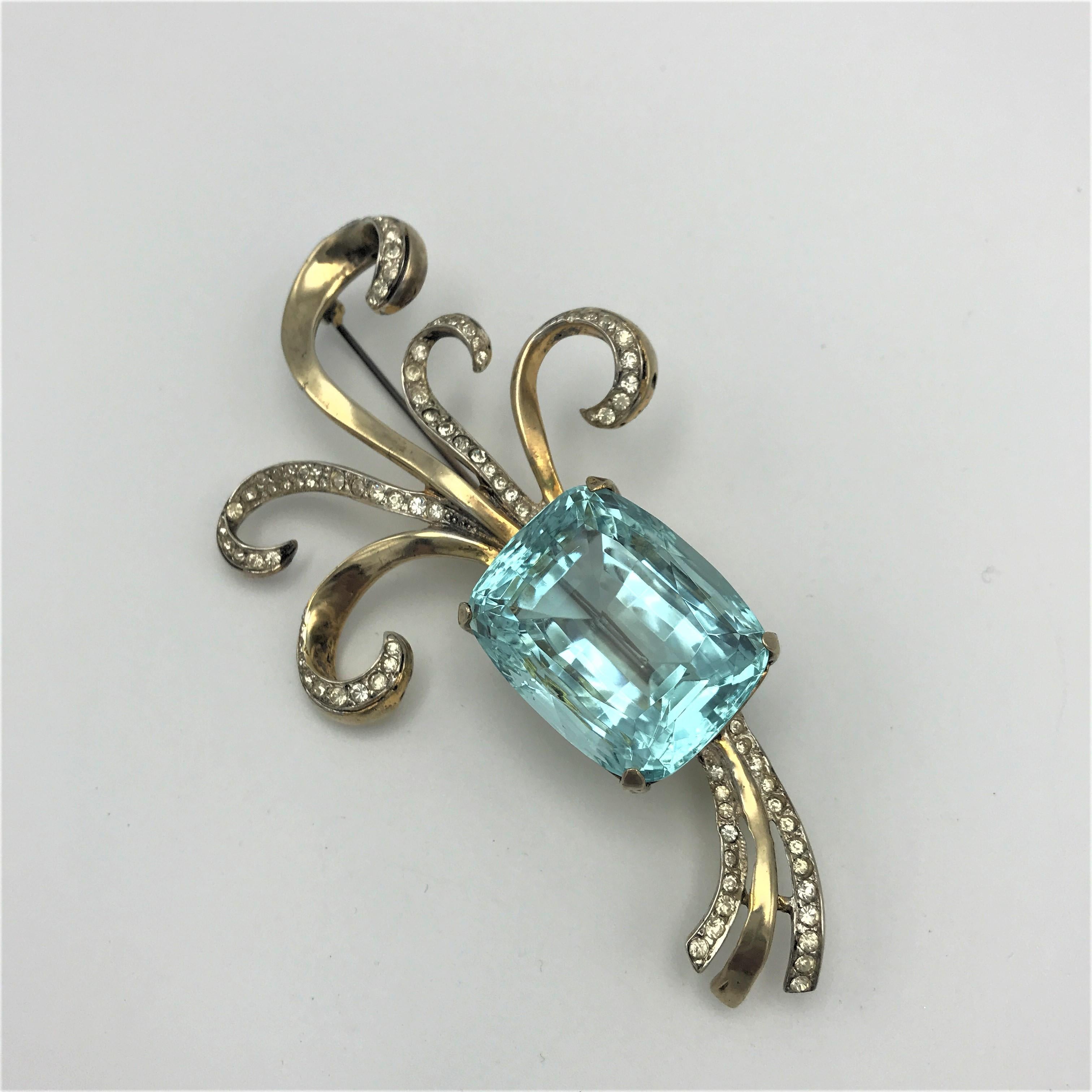 Art Deco Corocraft Sterling deco gold plated brooch with faux table cut aquamarin 1943's For Sale