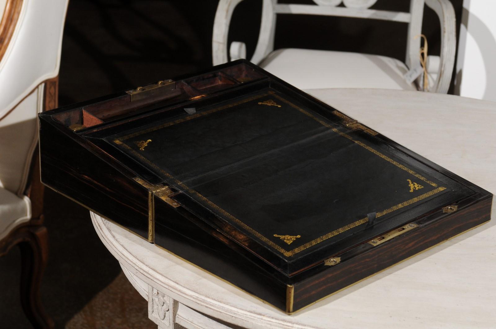 Wood Coromandel 19th Century Brass-Bound Campaign Slope Desk with Secret Drawers