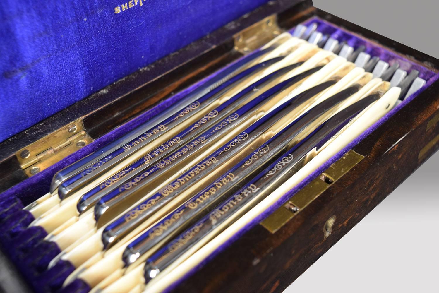 19th century coromandel boxed set of cut throat razors by Walker & Hall of Sheffield, individually marked for different days. One an unmarked replacement.
Dimensions
Height 2 inches
Width 7.5 inches
Depth 3.5 inches.