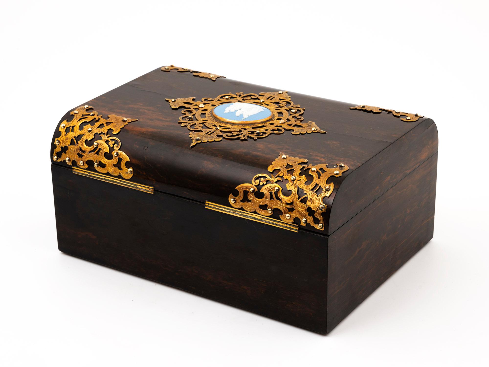 Organic Material Coromandel Dome-Topped Antique Jewellery Box with Wedgwood Jasperware Plaque