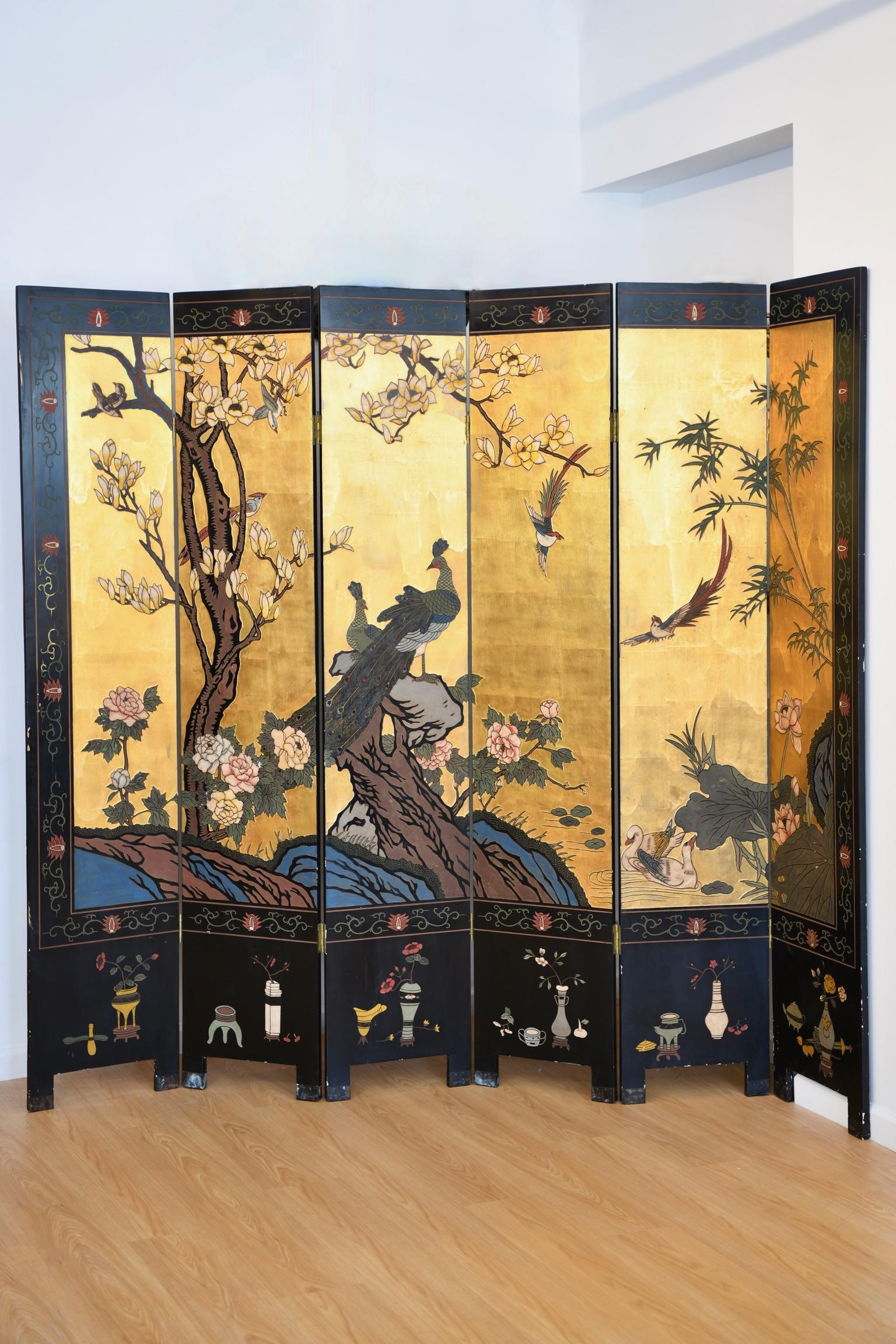 Vintage Chinese six panel coromandel room divider with gold leaf on one side with phoenix, birds and floral decor; birds, flowers and foliate engraved on verso. Dimensions: Each panel 16