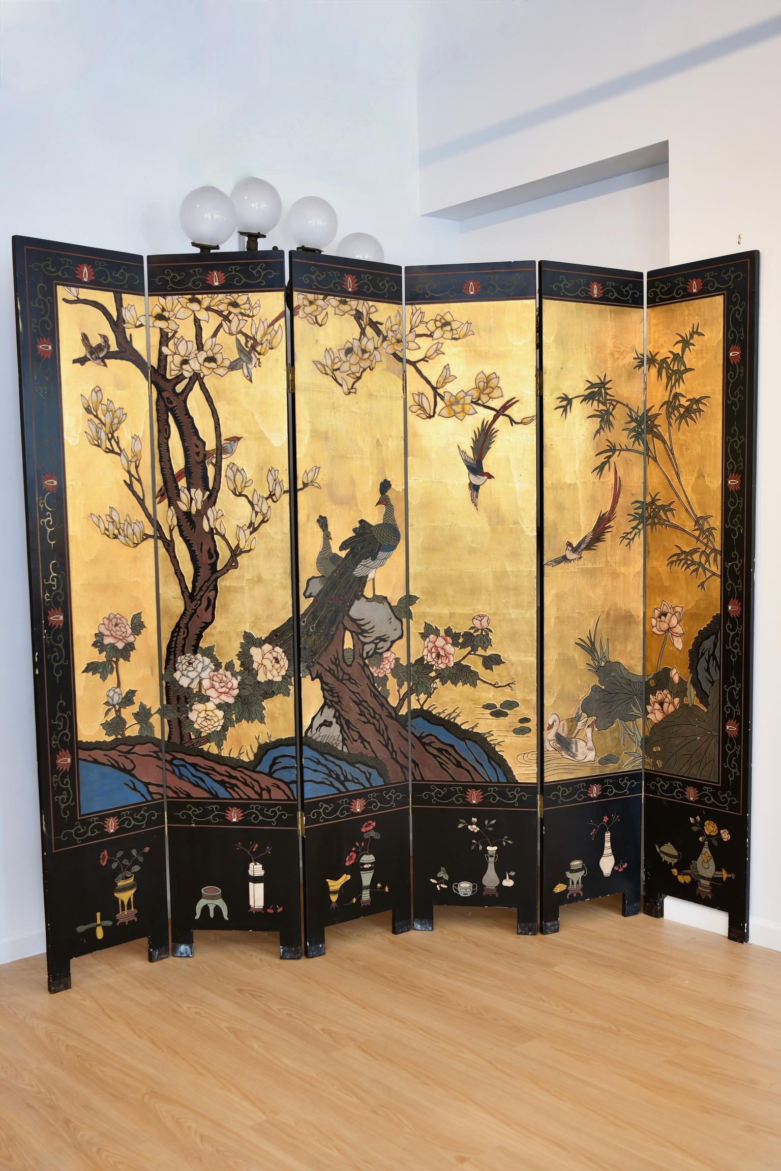 Carved Coromandel Lacquered and Gold Leaf Screen