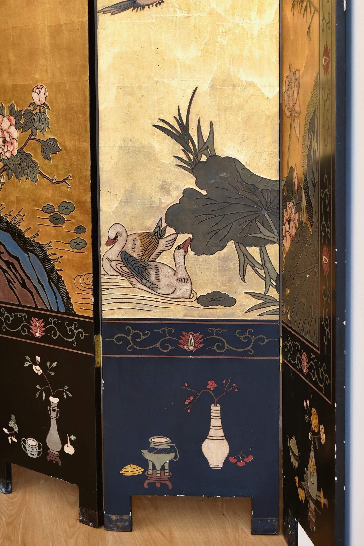 20th Century Coromandel Lacquered and Gold Leaf Screen