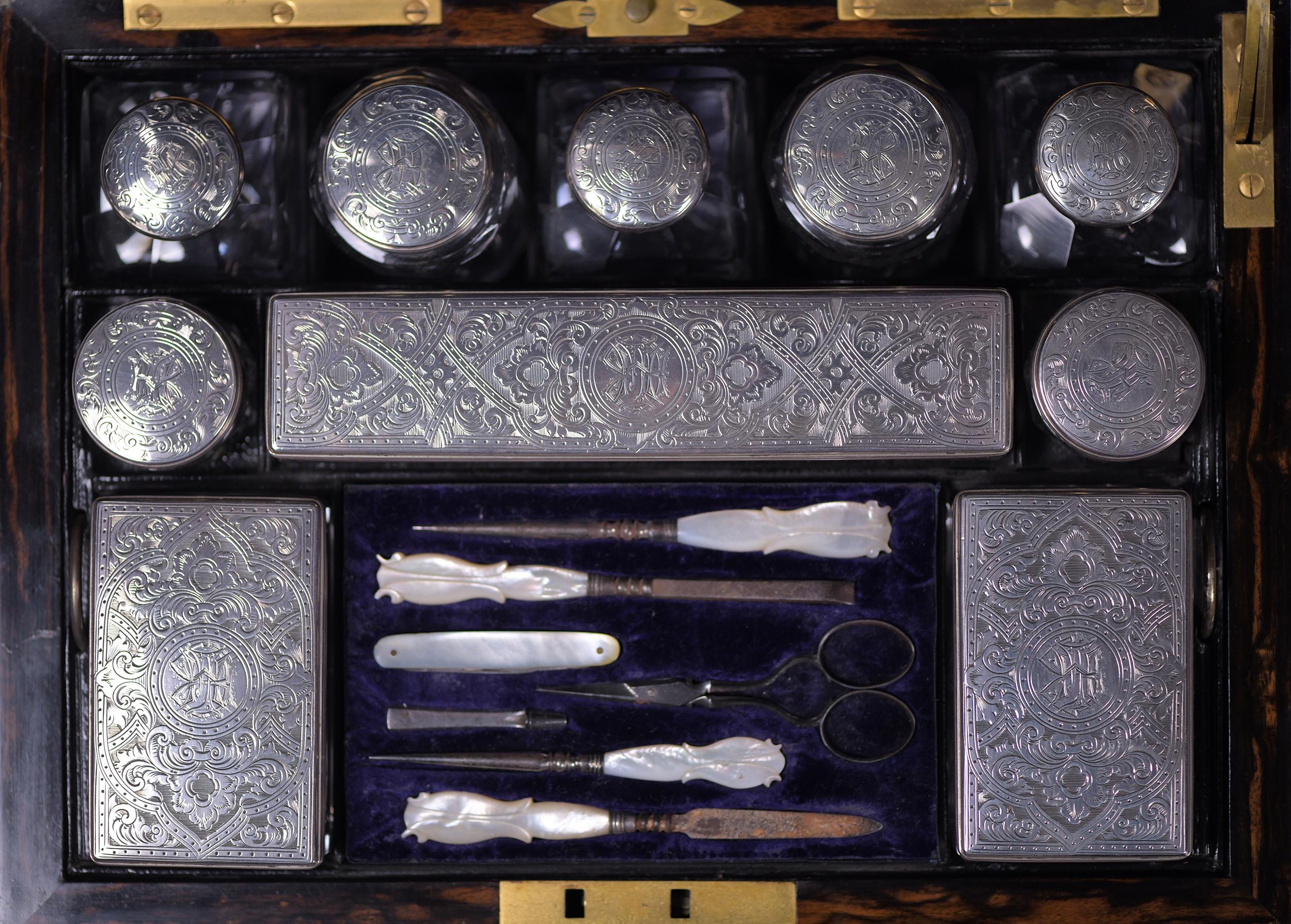 19th Century Coromandel Lady's Dressing Case by Morton & Bauer, Silver Lids Betjemanns & Sons