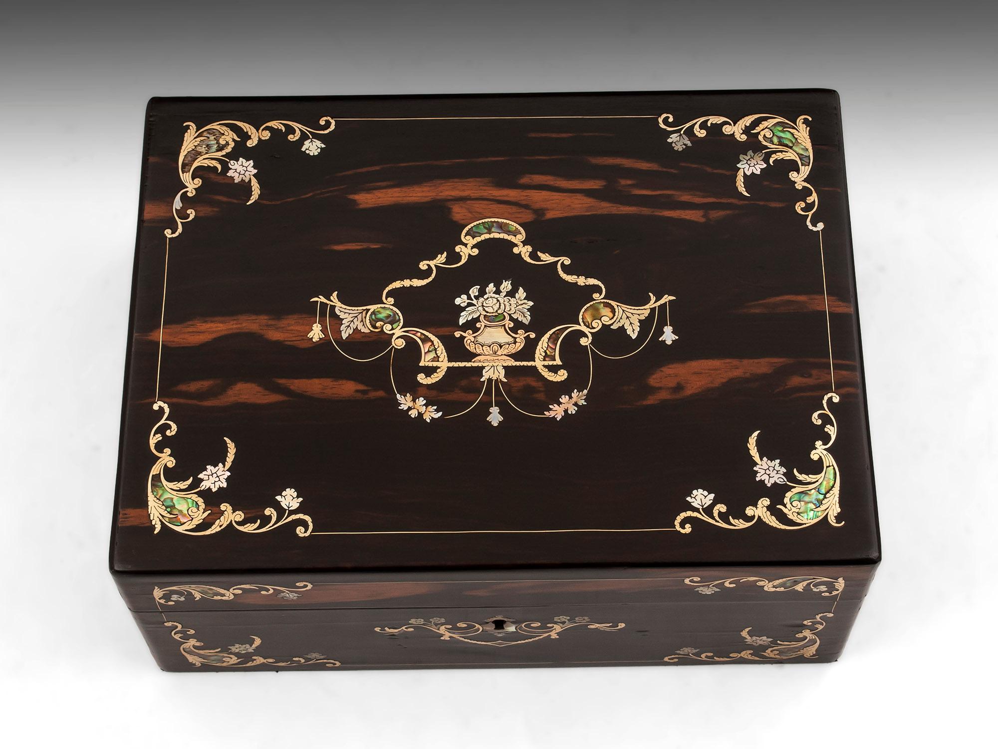 Victorian Coromandel Mother of Pearl Abalone Silk Velvet Jewelry Box, 19th Century