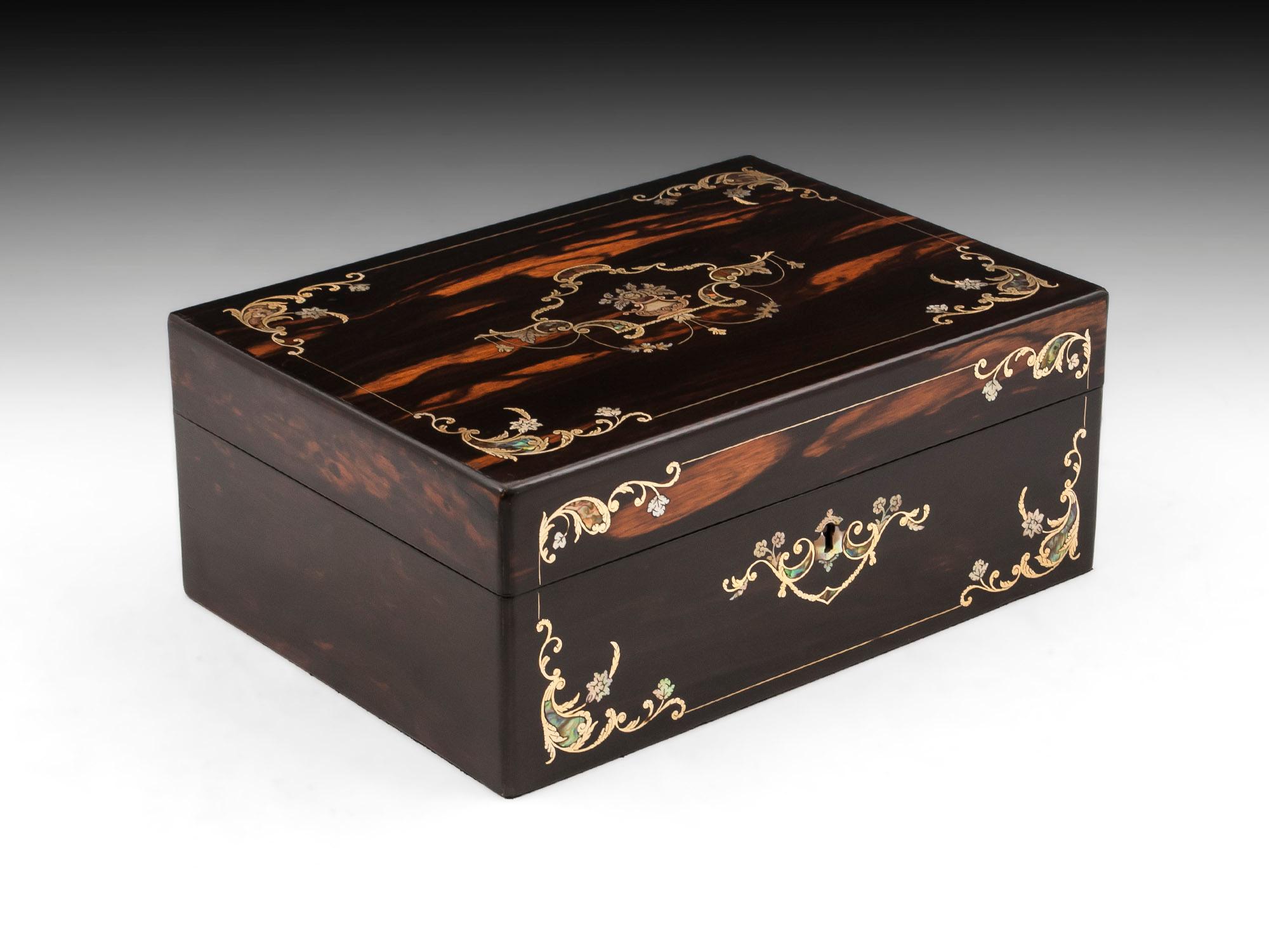 British Coromandel Mother of Pearl Abalone Silk Velvet Jewelry Box, 19th Century