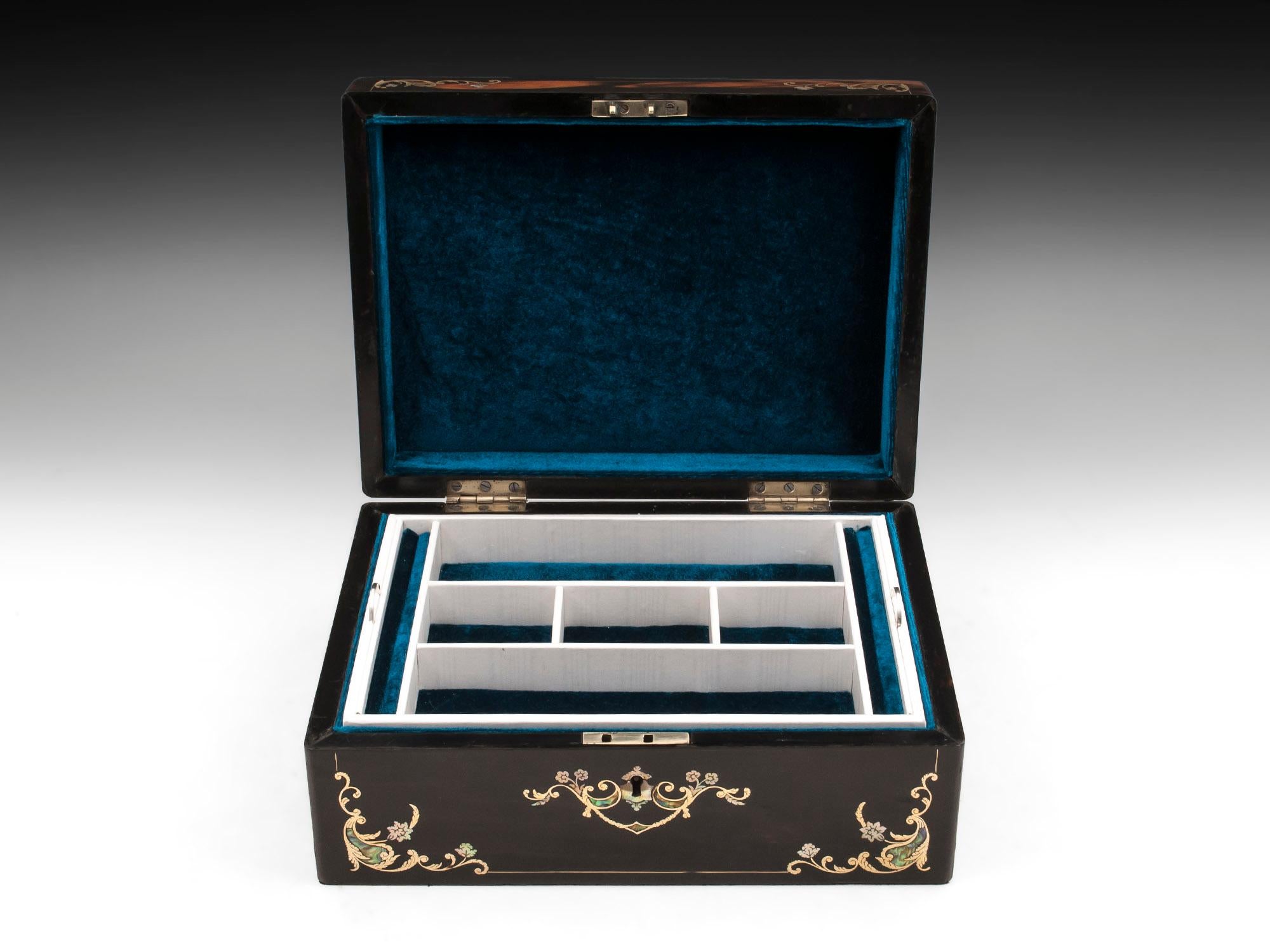 Brass Coromandel Mother of Pearl Abalone Silk Velvet Jewelry Box, 19th Century