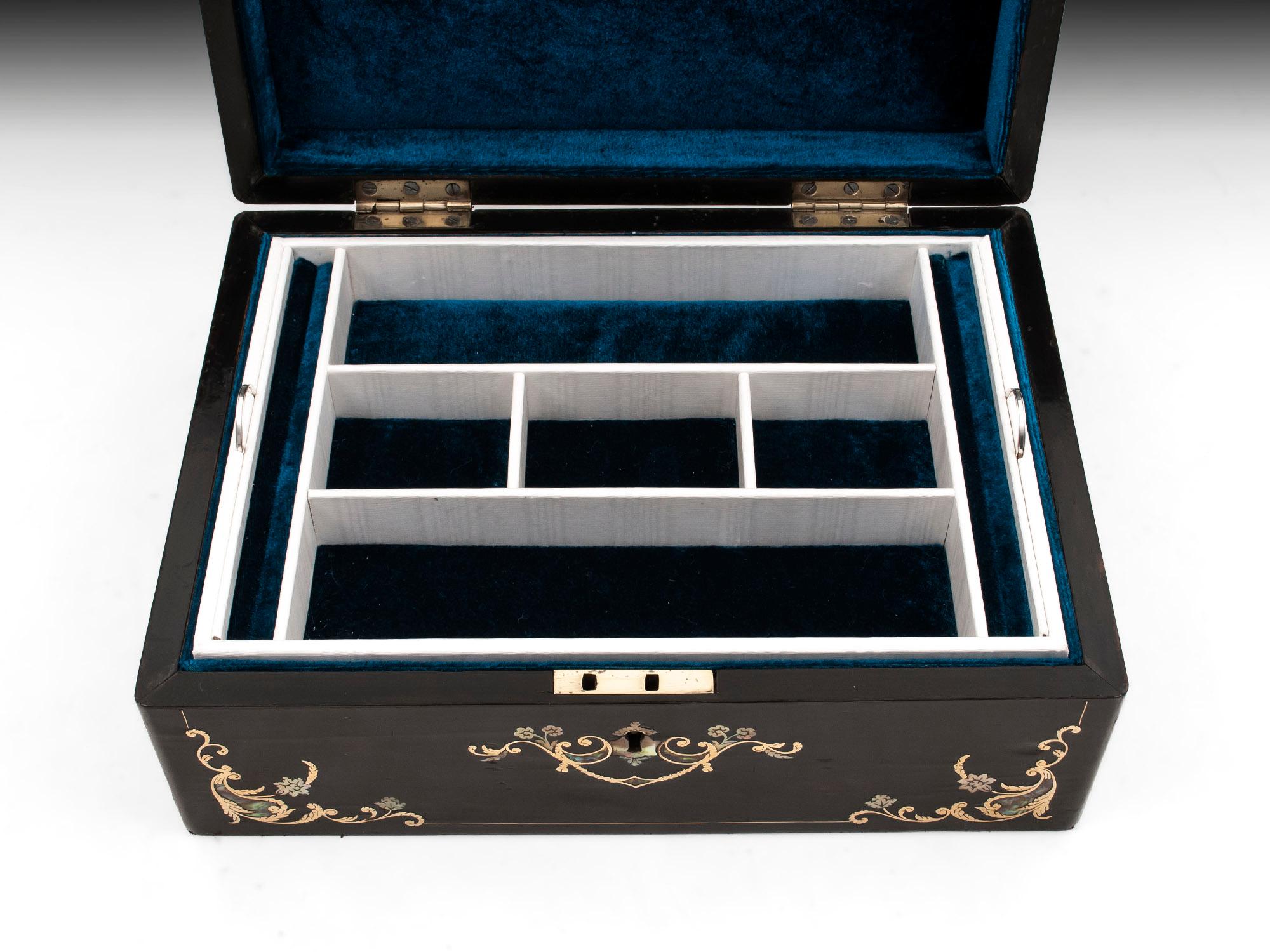 Coromandel Mother of Pearl Abalone Silk Velvet Jewelry Box, 19th Century 1