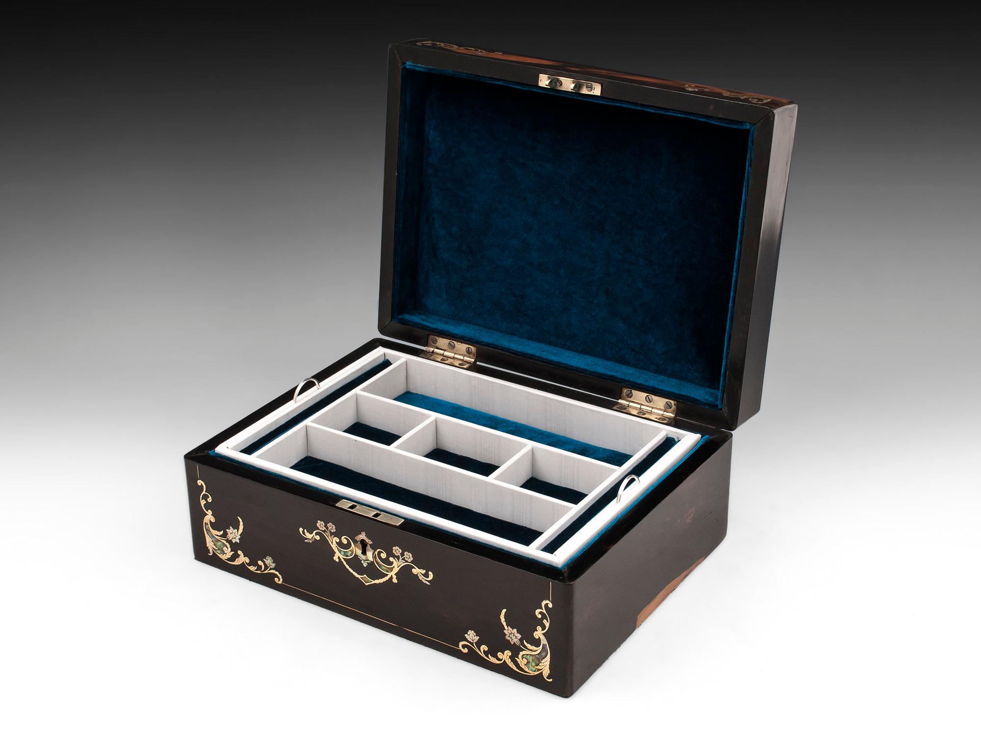 Coromandel Mother of Pearl Abalone Silk Velvet Jewelry Box, 19th Century 2