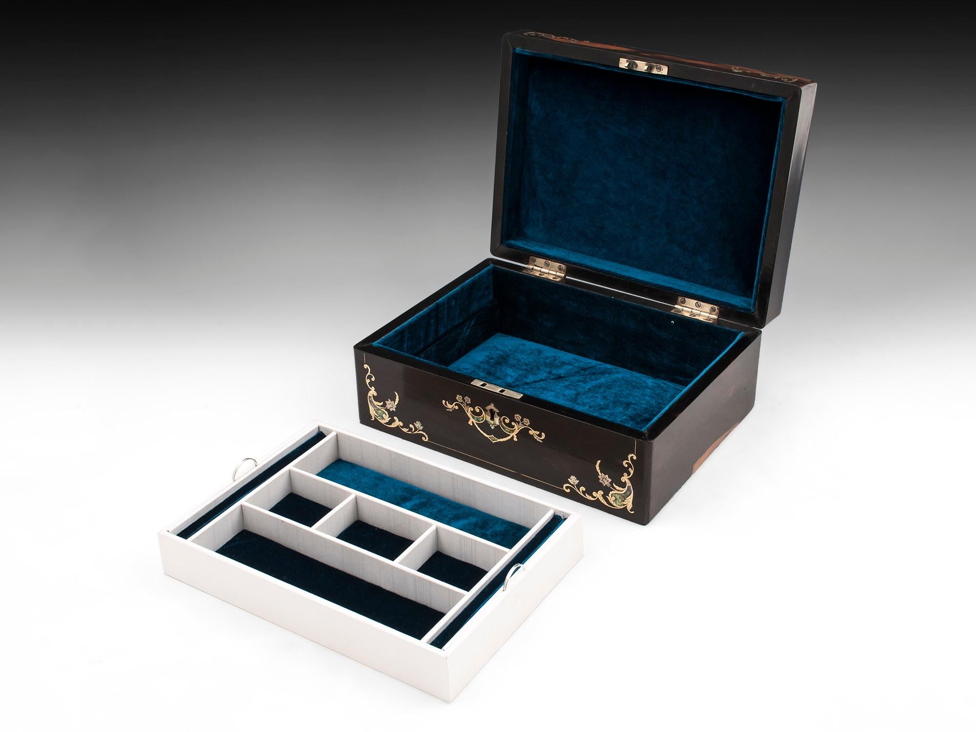 Coromandel Mother of Pearl Abalone Silk Velvet Jewelry Box, 19th Century 3
