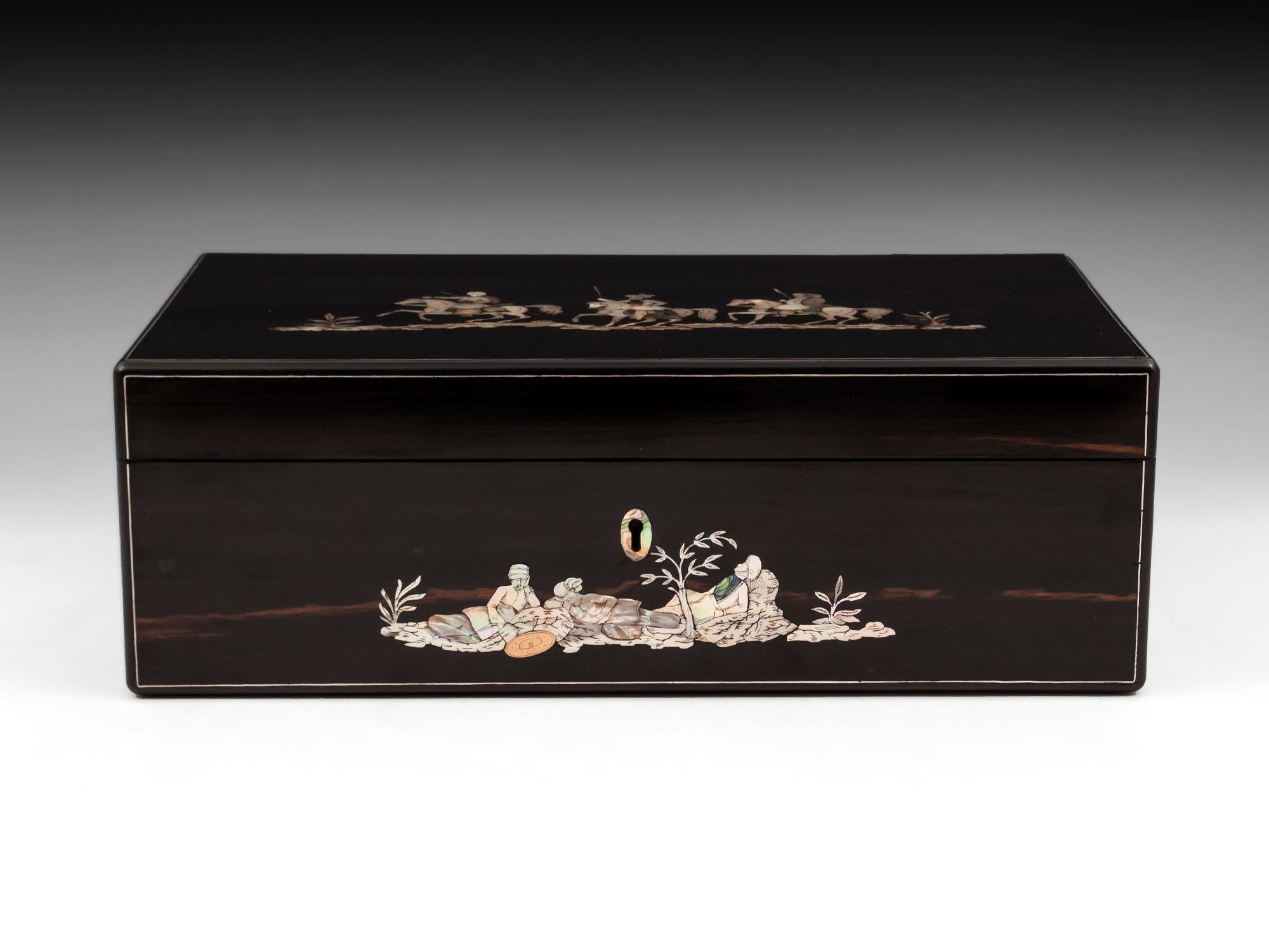 Victorian Coromandel Mother-of-Pearl Writing Box by W. C. Fuller, 19th Century For Sale