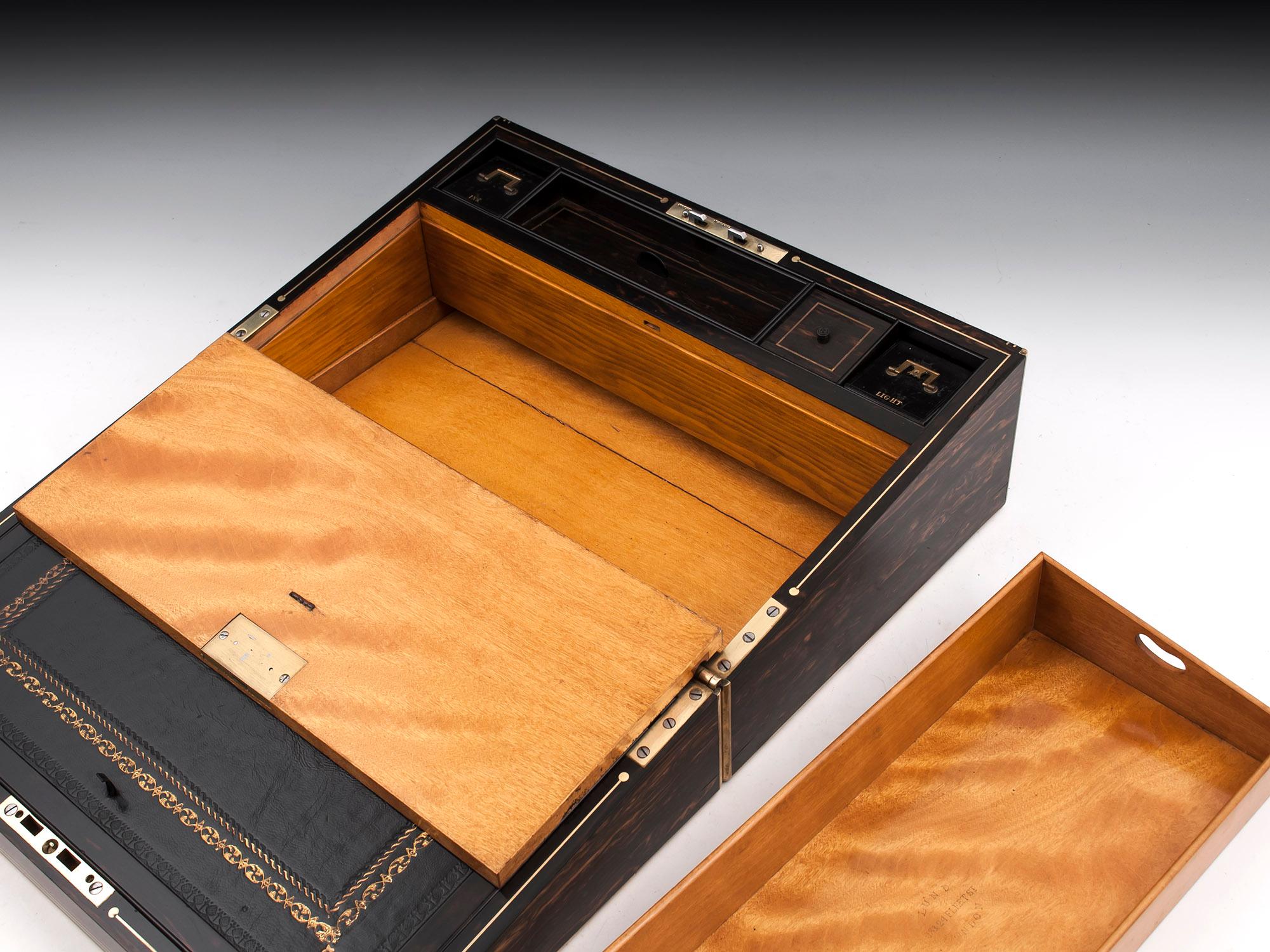 Coromandel Satinwood Brass Edged Leather Writing Box by Lund 19th Century 6