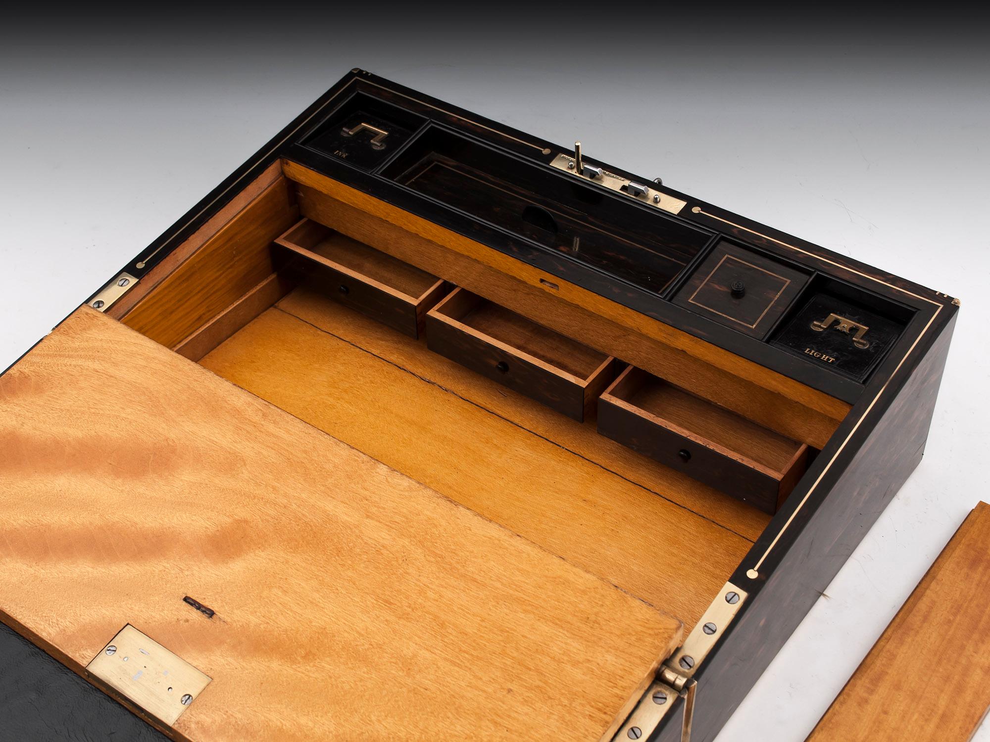 Coromandel Satinwood Brass Edged Leather Writing Box by Lund 19th Century 9