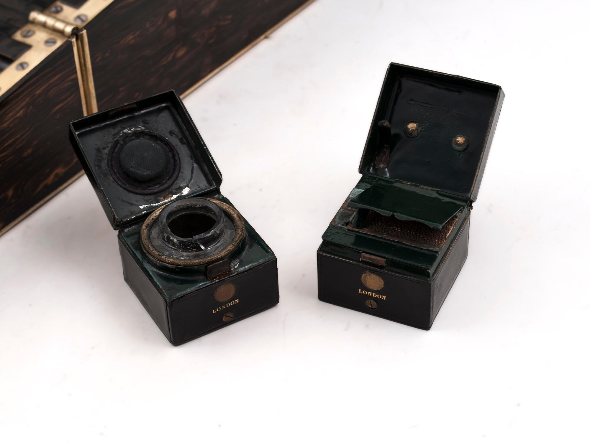 Coromandel Satinwood Brass Edged Leather Writing Box by Lund 19th Century 11