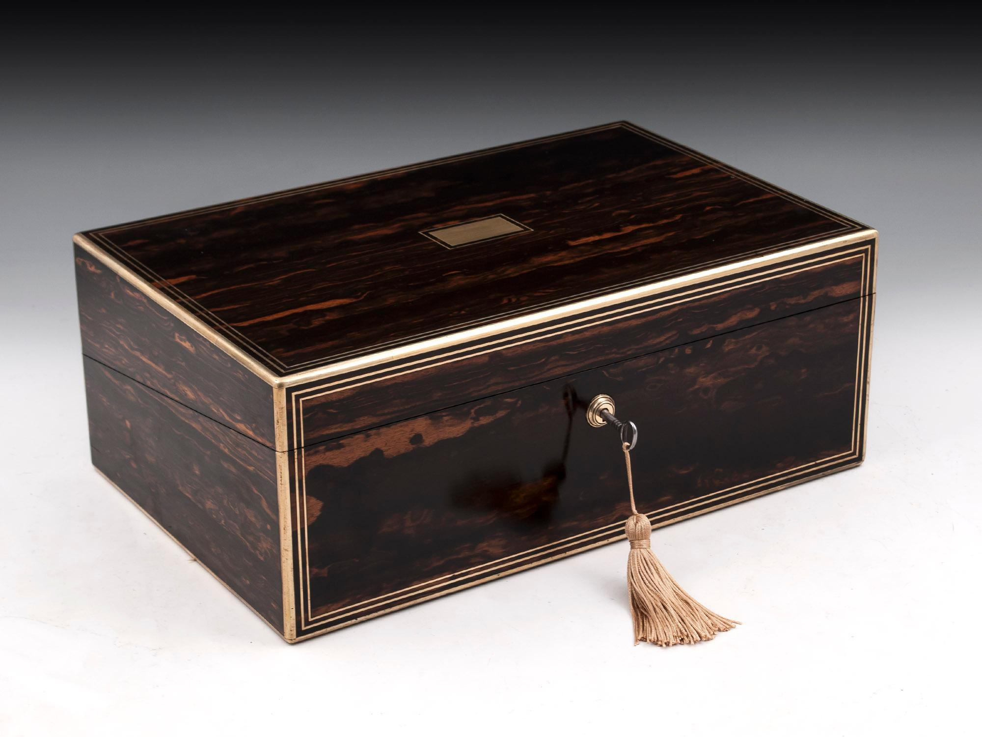 Coromandel Satinwood Brass Edged Leather Writing Box by Lund 19th Century 12