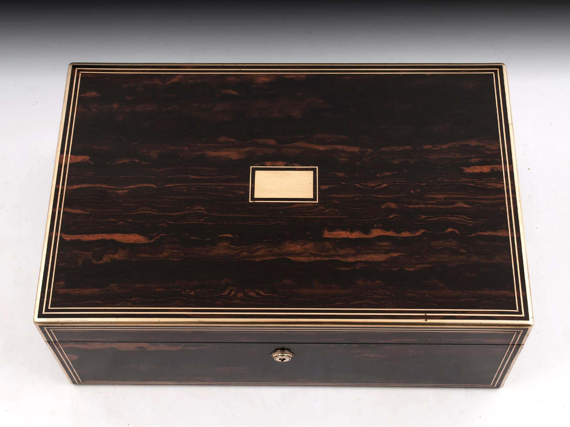 British Coromandel Satinwood Brass Edged Leather Writing Box by Lund 19th Century