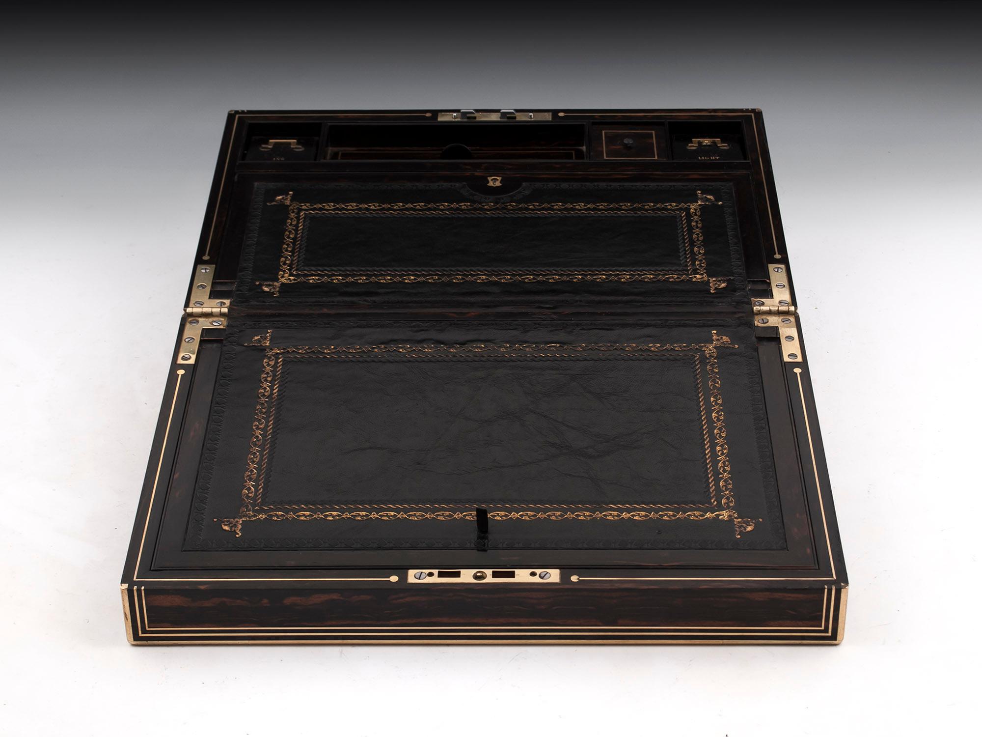 Coromandel Satinwood Brass Edged Leather Writing Box by Lund 19th Century 1