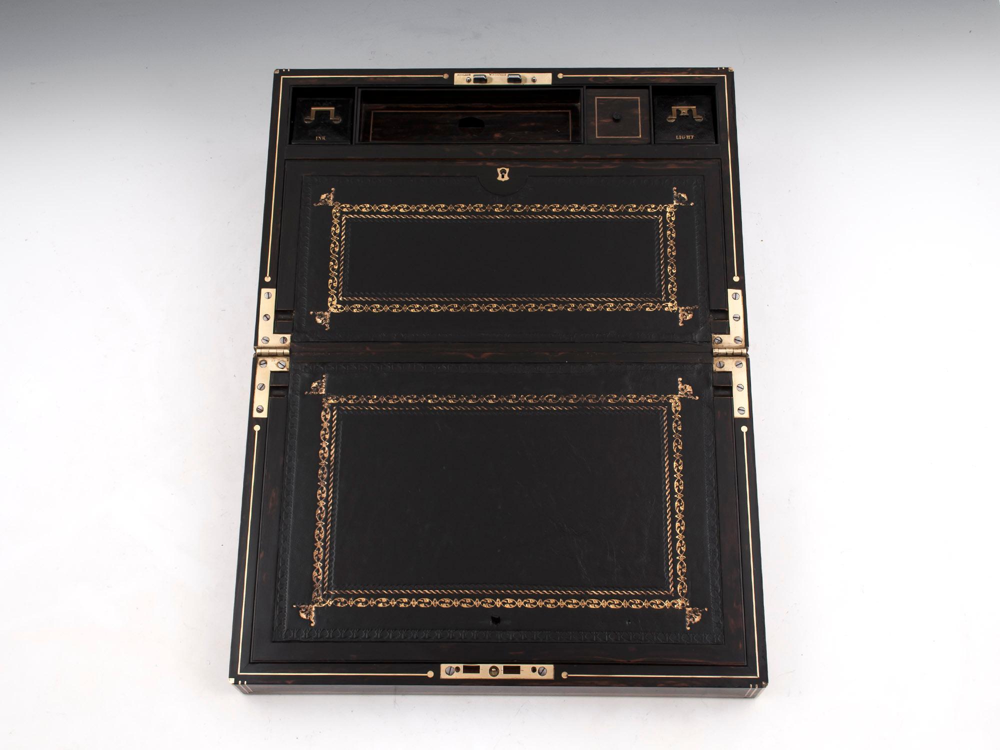 Coromandel Satinwood Brass Edged Leather Writing Box by Lund 19th Century 2