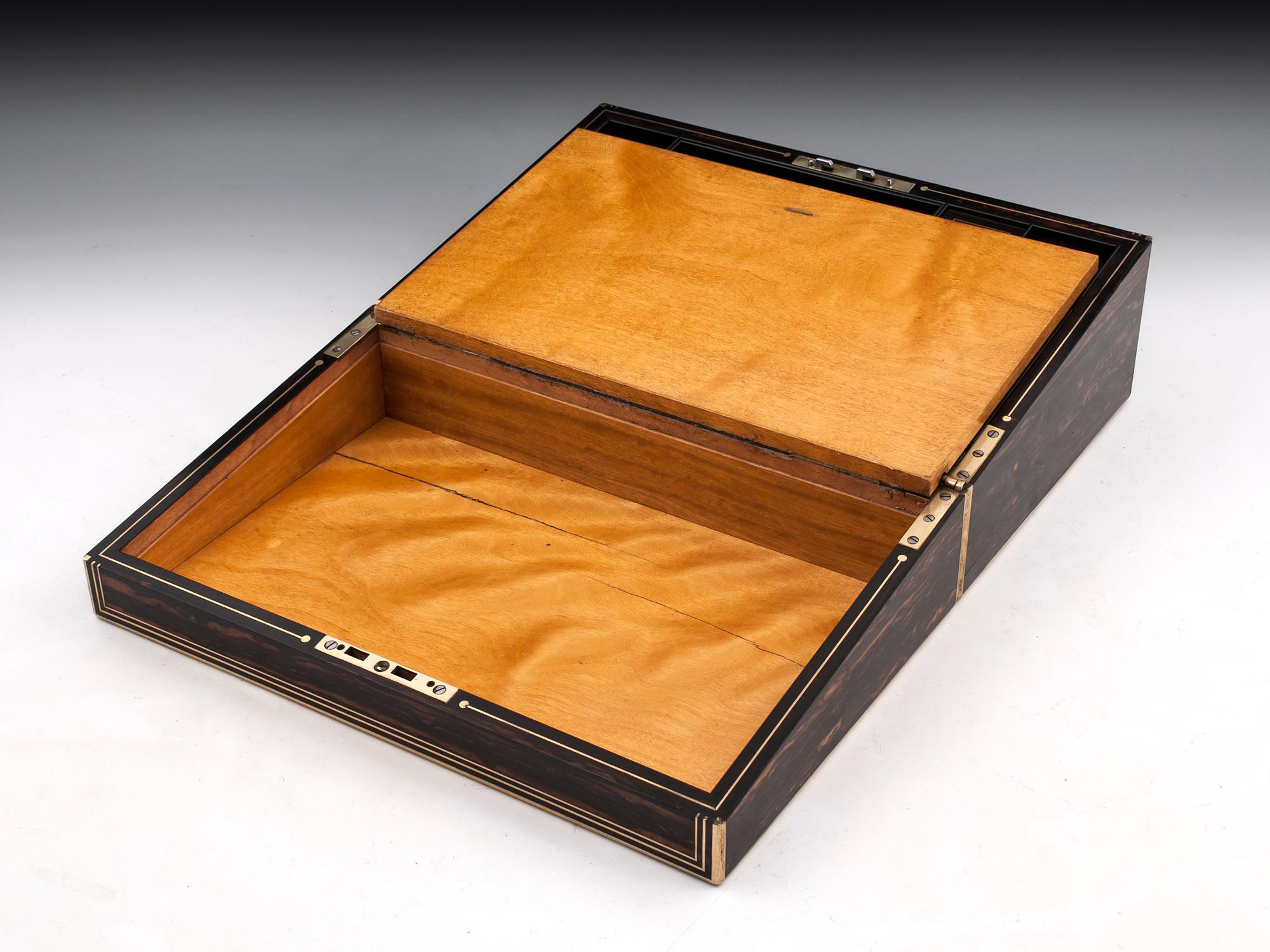 Coromandel Satinwood Brass Edged Leather Writing Box by Lund 19th Century 3
