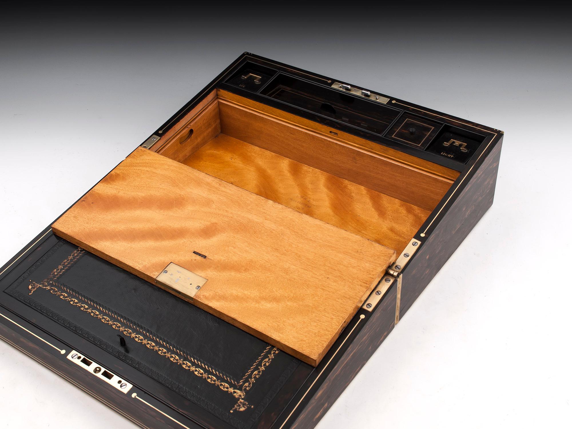 Coromandel Satinwood Brass Edged Leather Writing Box by Lund 19th Century 4